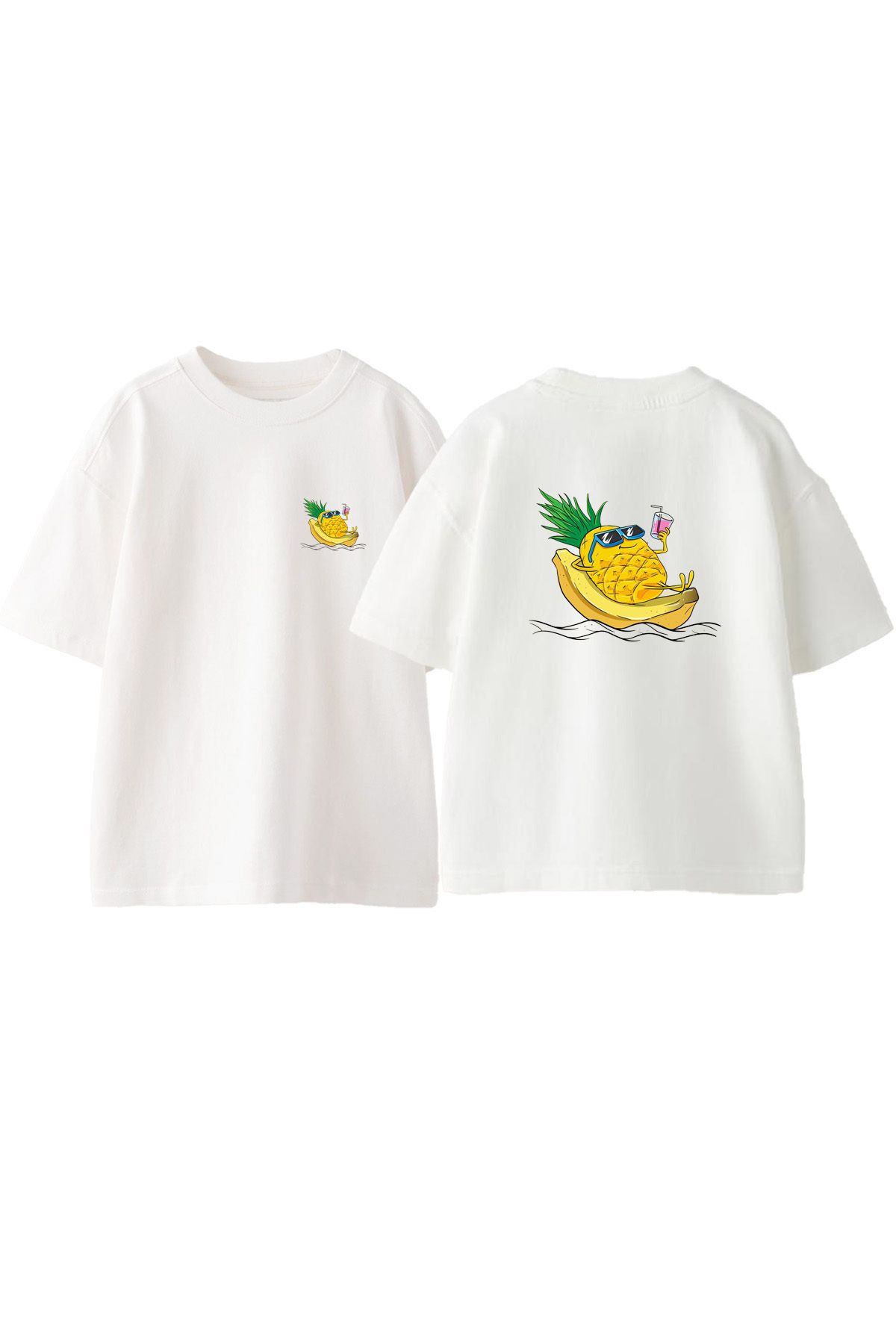 Anetos Muz Ustundeki Ananans Ön Arka Baskılı Pamuk Beyaz Oversize T shirt