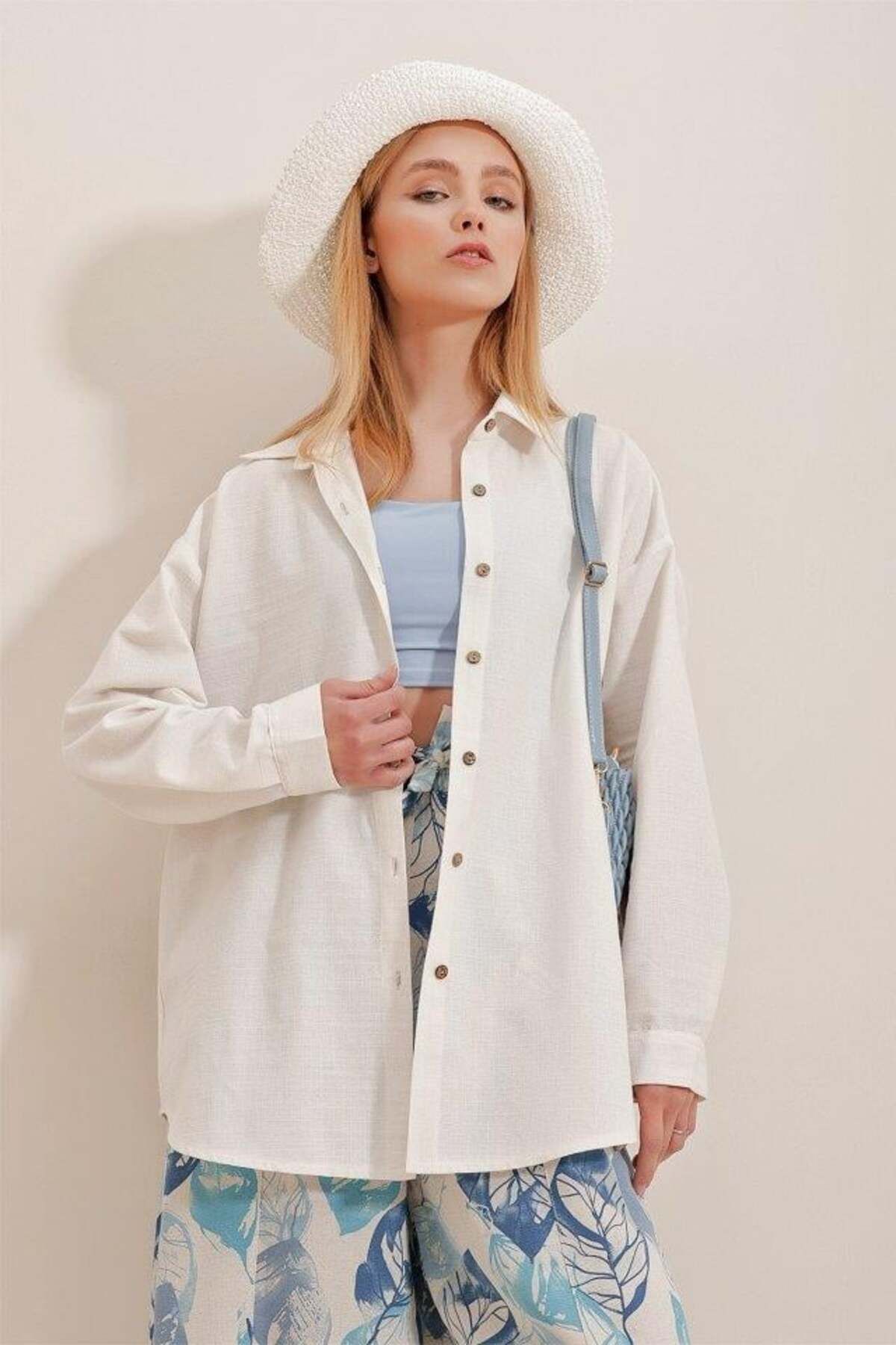 modamtn Kadın Keten Kumaş Oversize Gömlek
