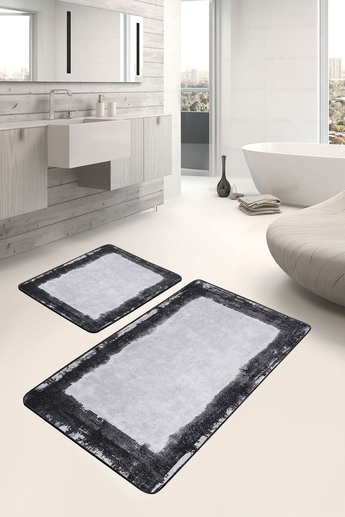 Realhomes 2'li Set Siyah - Gri Zeminde Çerçeveli Motifli Dokuma Klasik Avangarde 2'li Banyo Paspas Takımı
