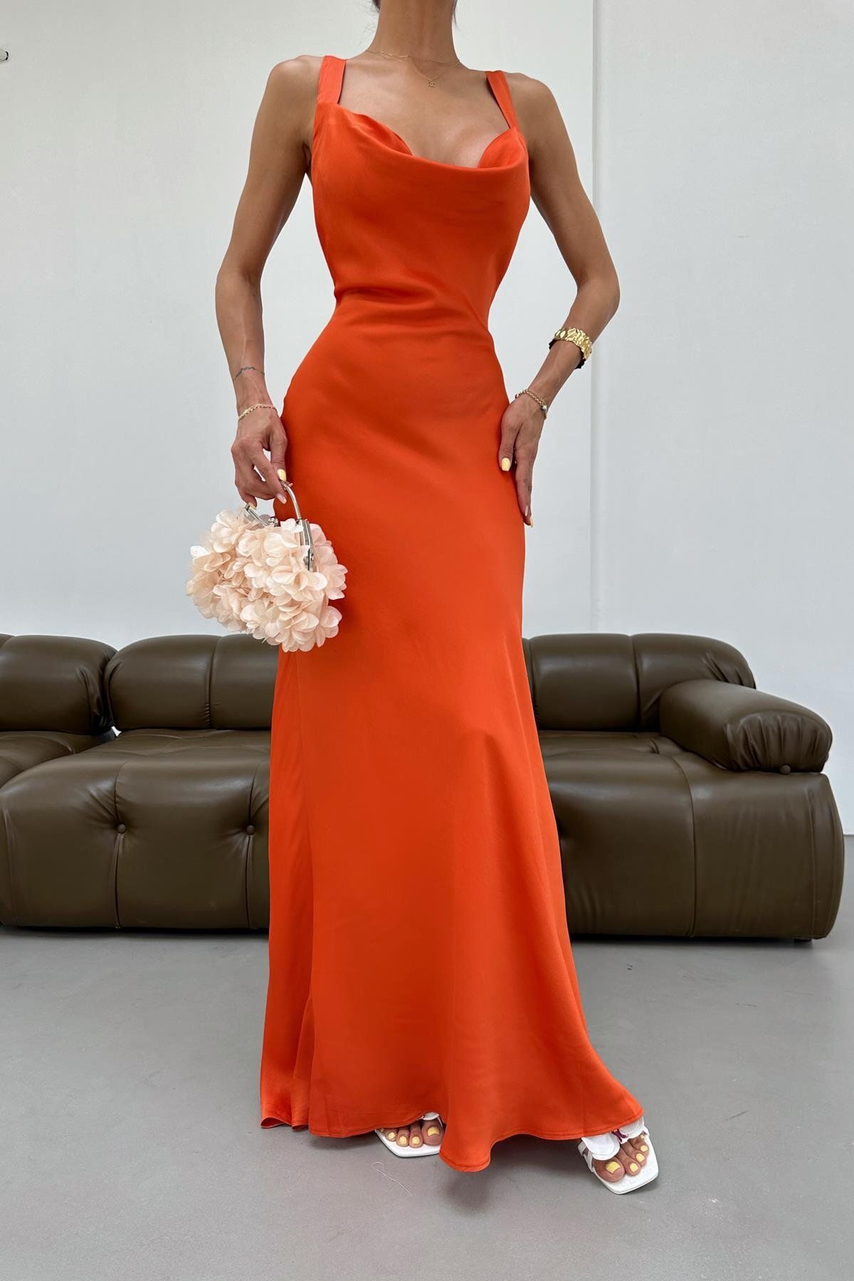 mylove Sırtı Çapraz Saten Elbise Oranj