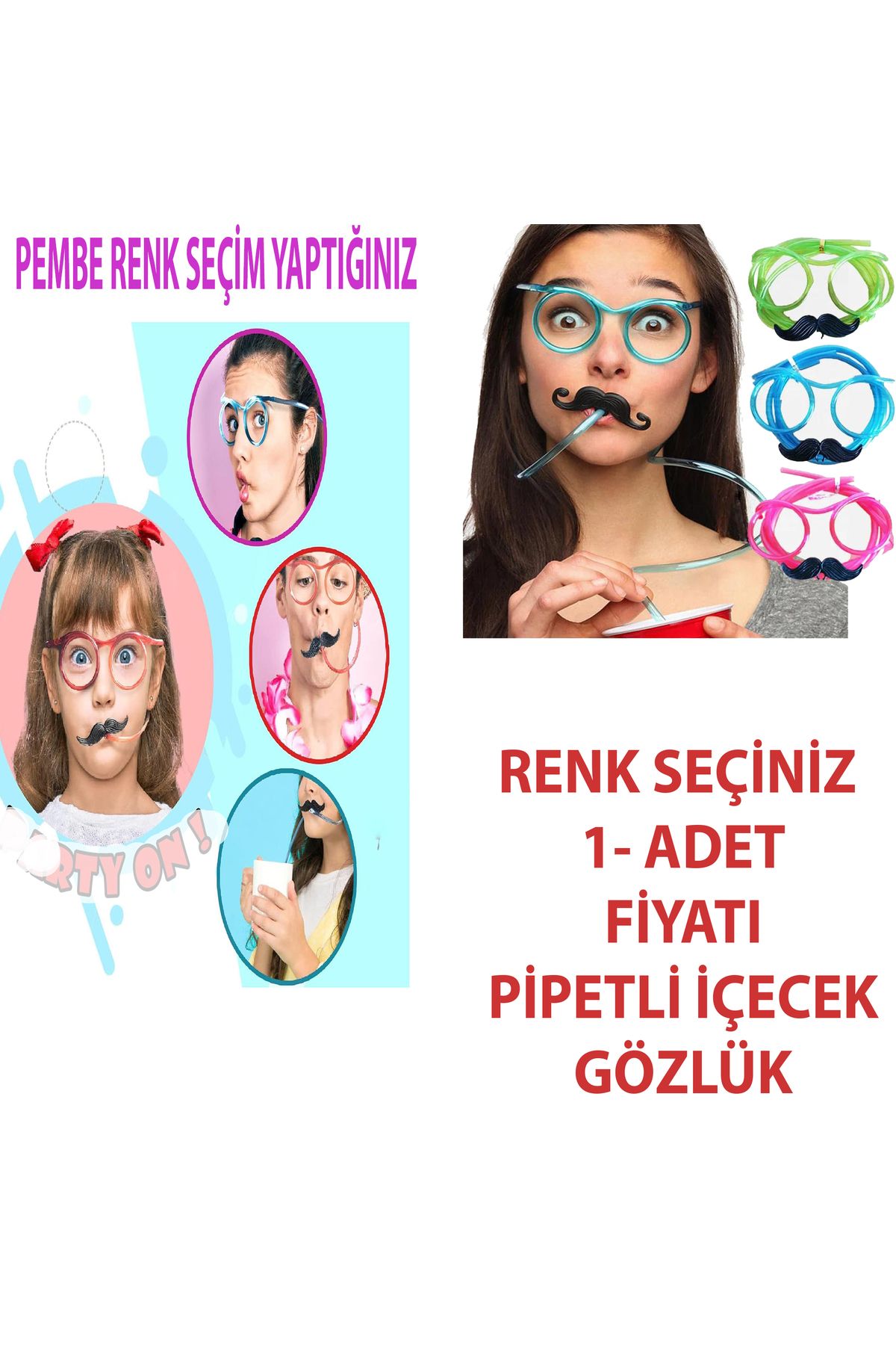 moys party & ahsap Pipetli Parti Gözlüğü - Çocuk ve Yetişkin Bıyıklı Pipet Gözlük Renk Seçiniz