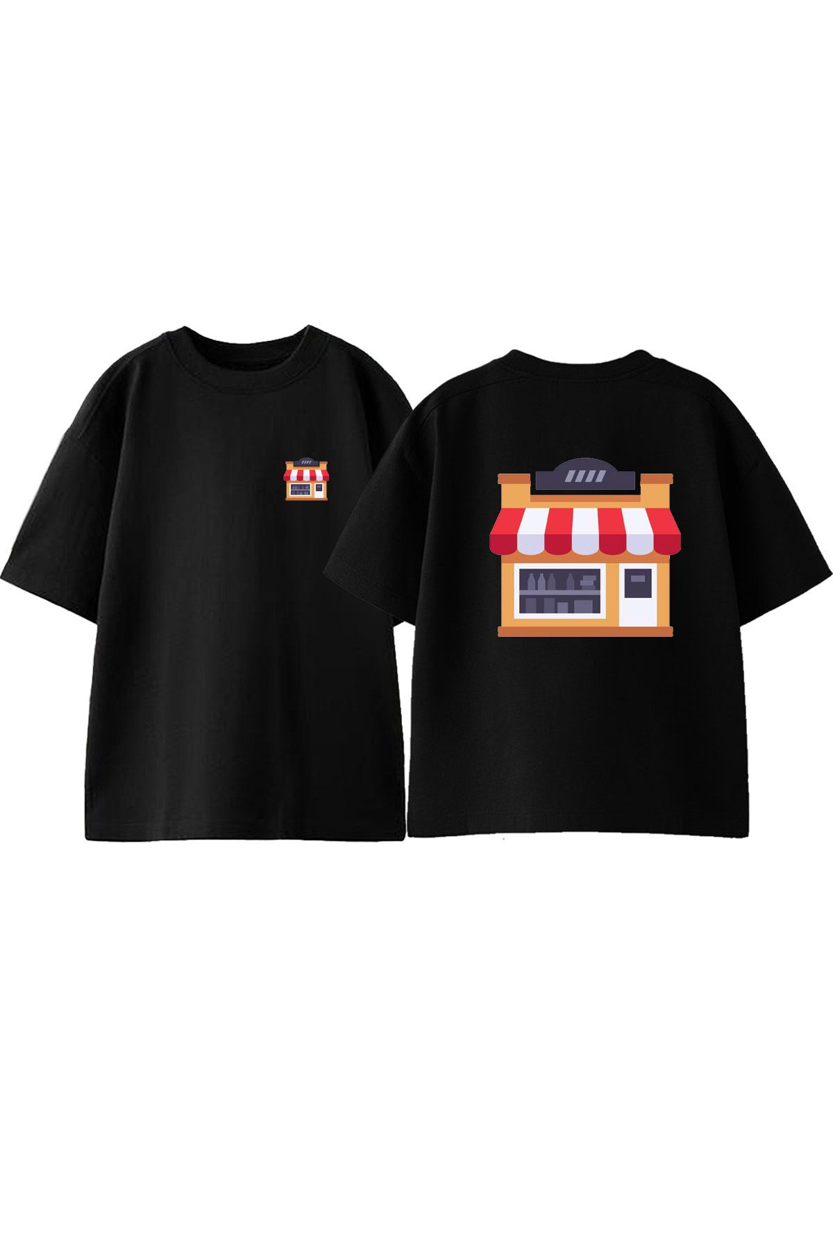 Anetos Bakkal Ön Arka Baskılı Pamuk Siyah Oversize T shirt