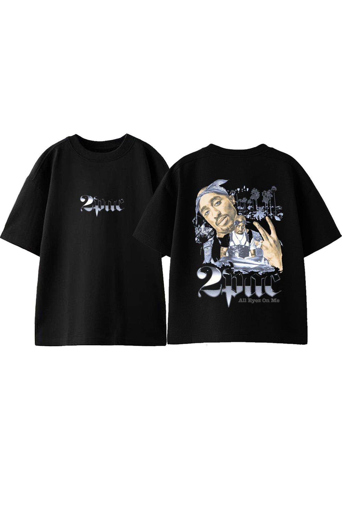 Anetos 2 Pac Ön Arka Baskılı Pamuk Siyah Oversize T shirt