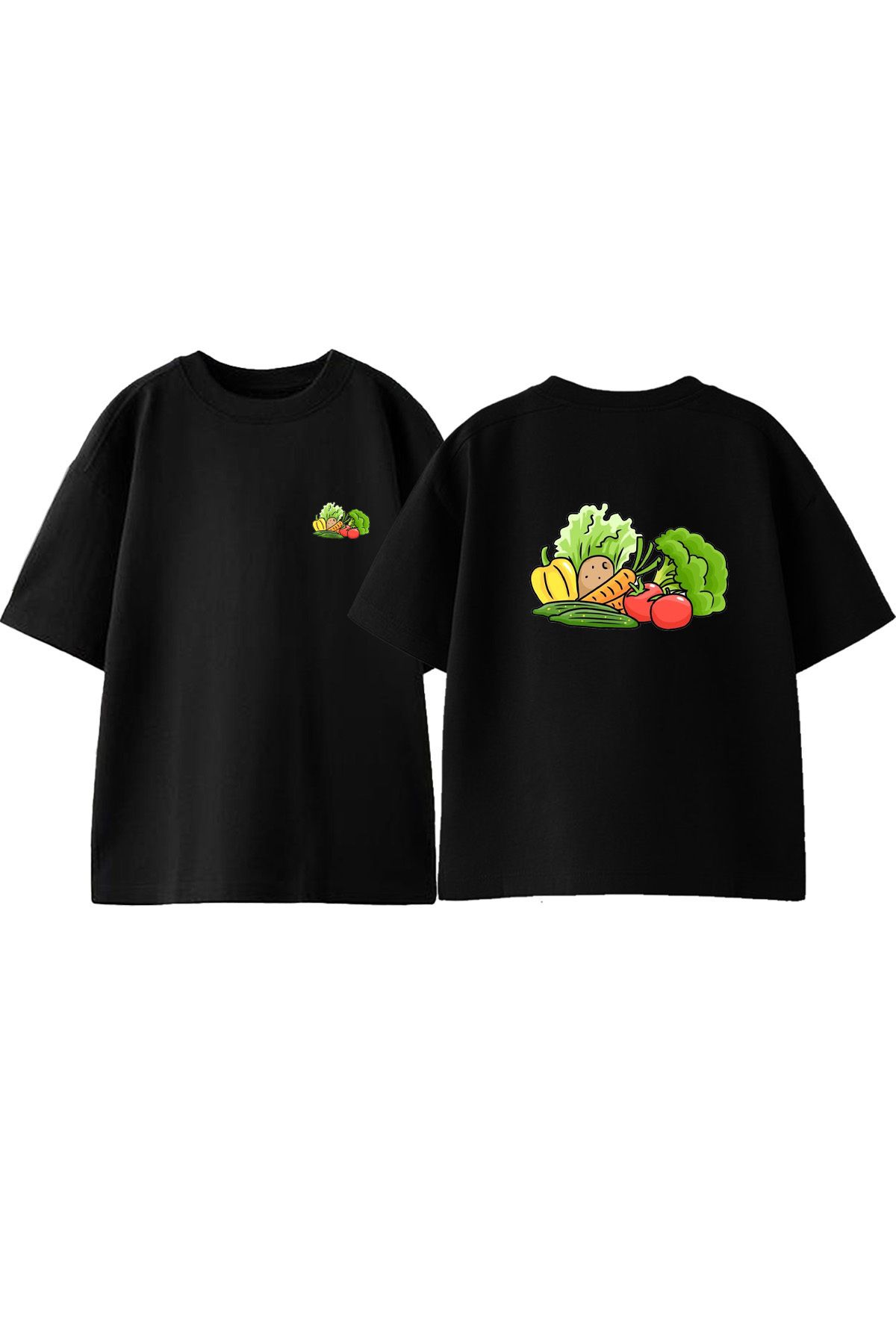 Anetos Sebzeler Ön Arka Baskılı Pamuk Siyah Oversize T shirt