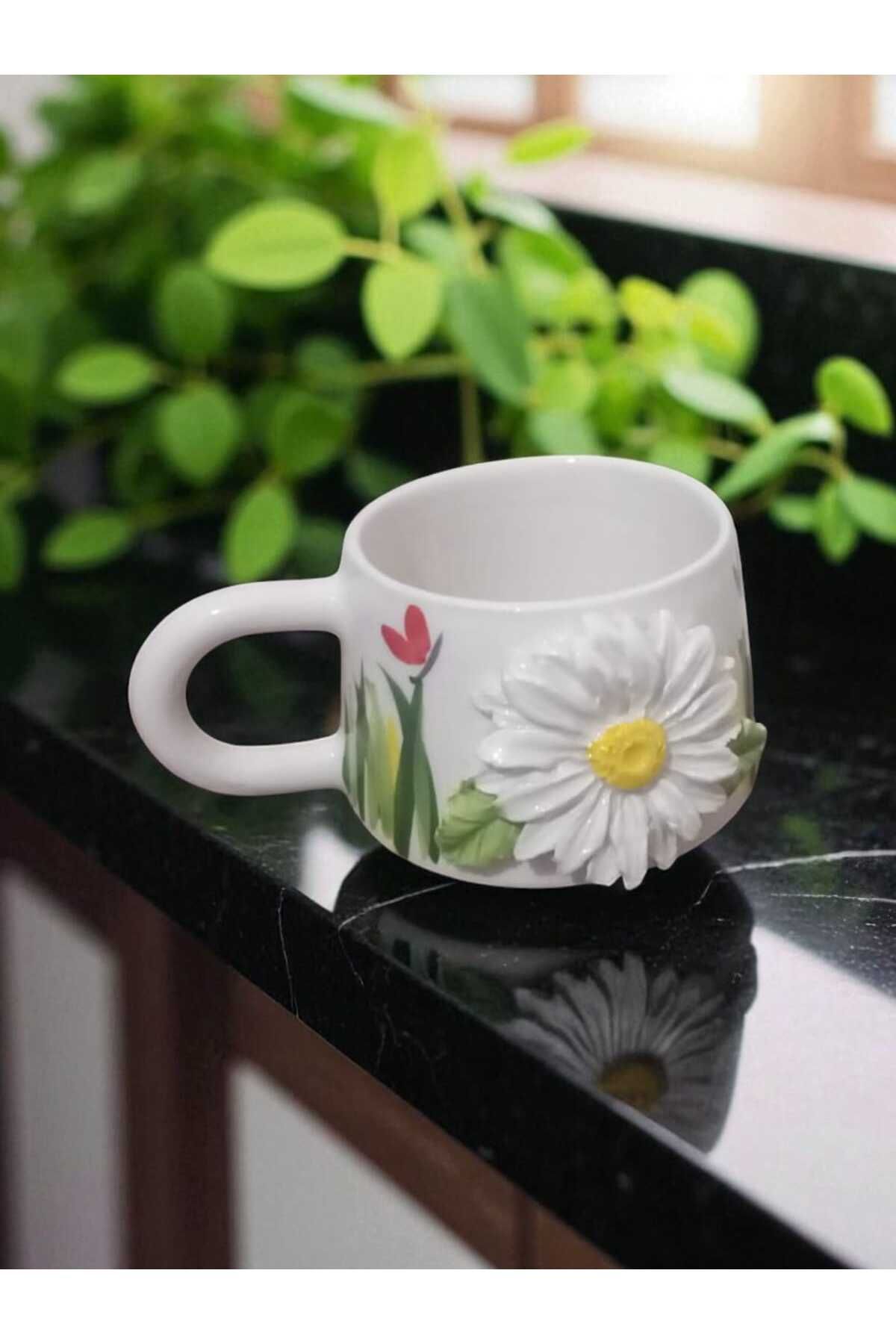 Home Seramik El İşçiliği 3 boyutlu kabartma Beyaz Çiçek desenli Kupa