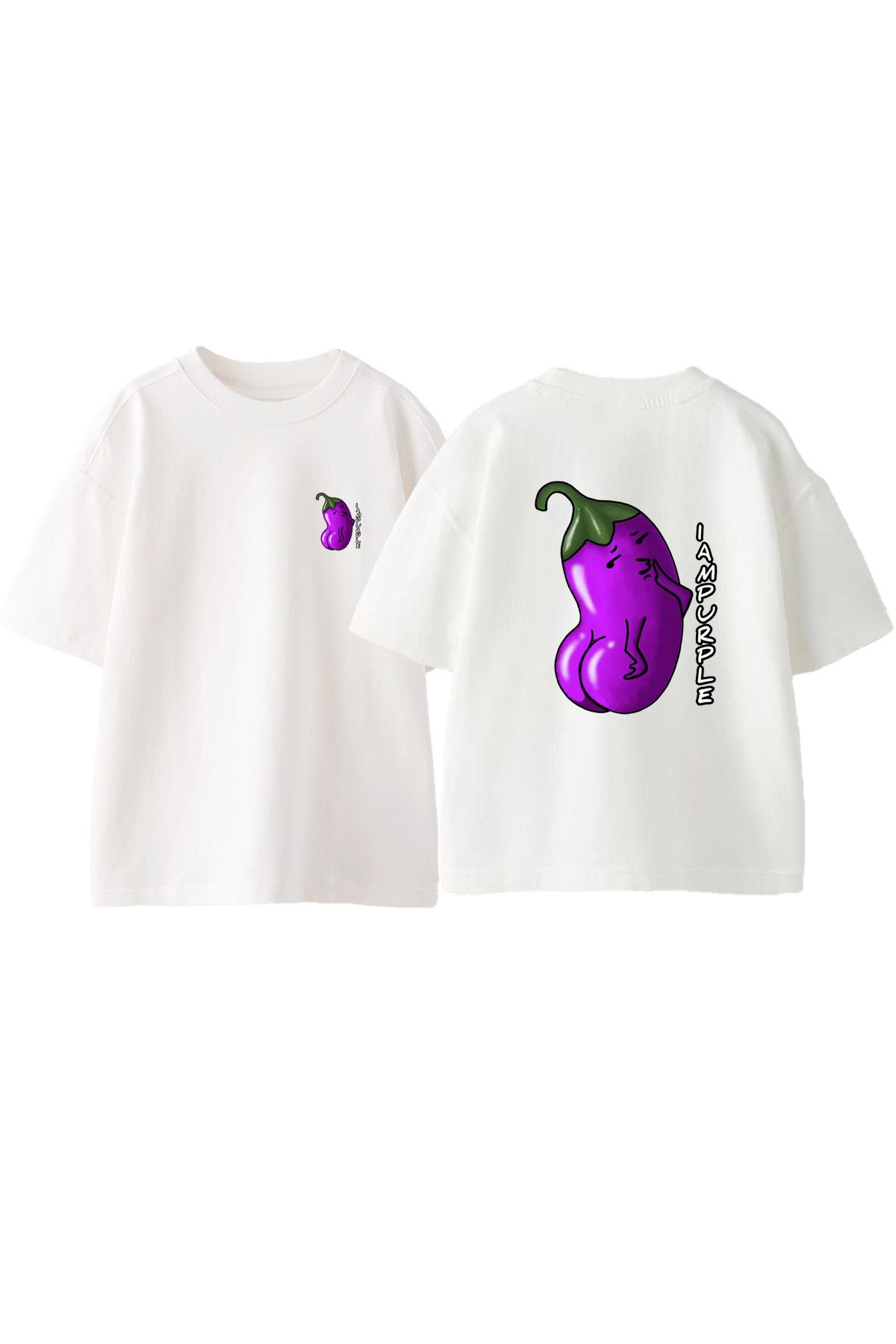 Anetos Patlıcan Ön Arka Baskılı Pamuk Beyaz Oversize T shirt