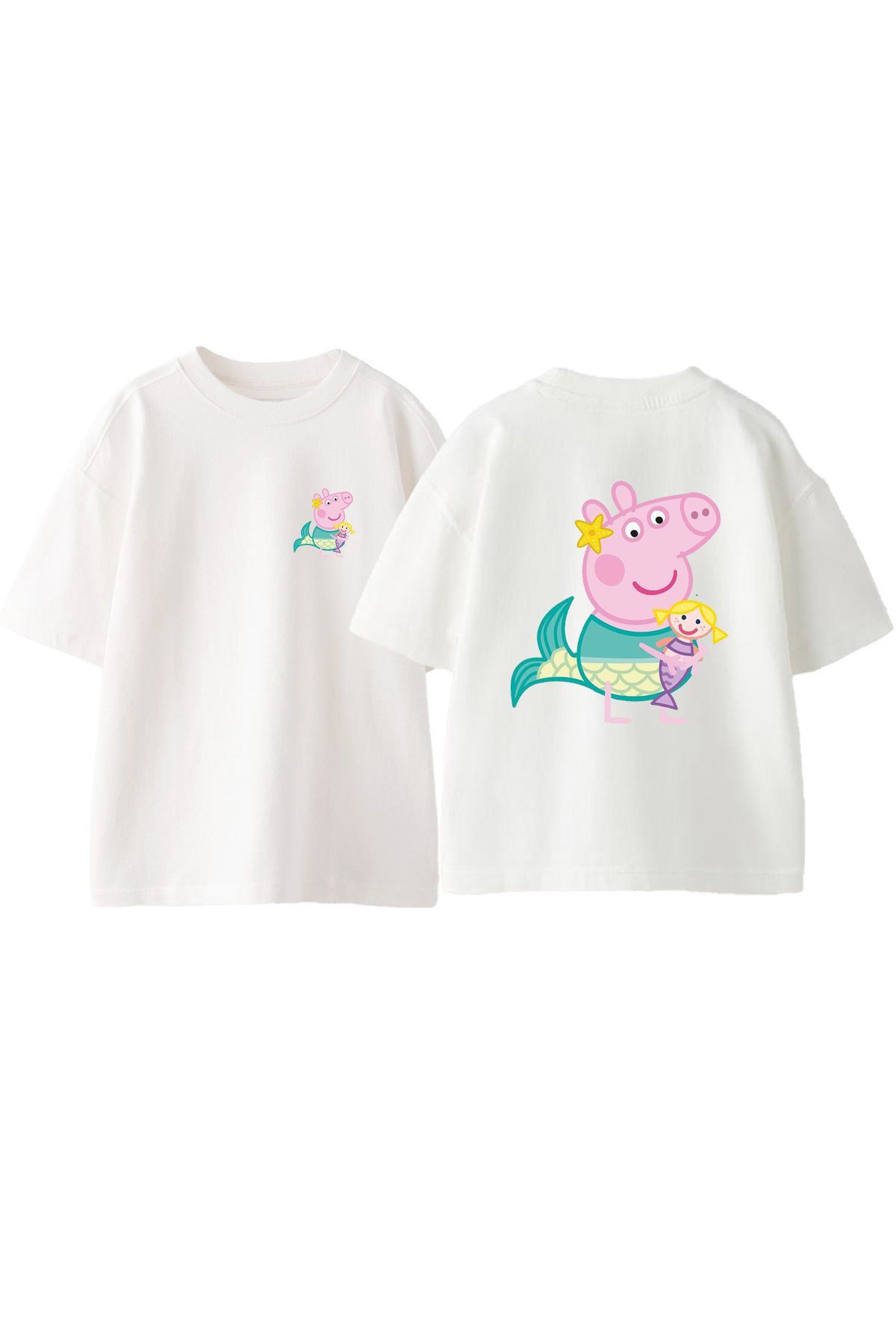 Anetos Pembe Su Domuzu Ön Arka Baskılı Pamuk Beyaz Oversize T shirt