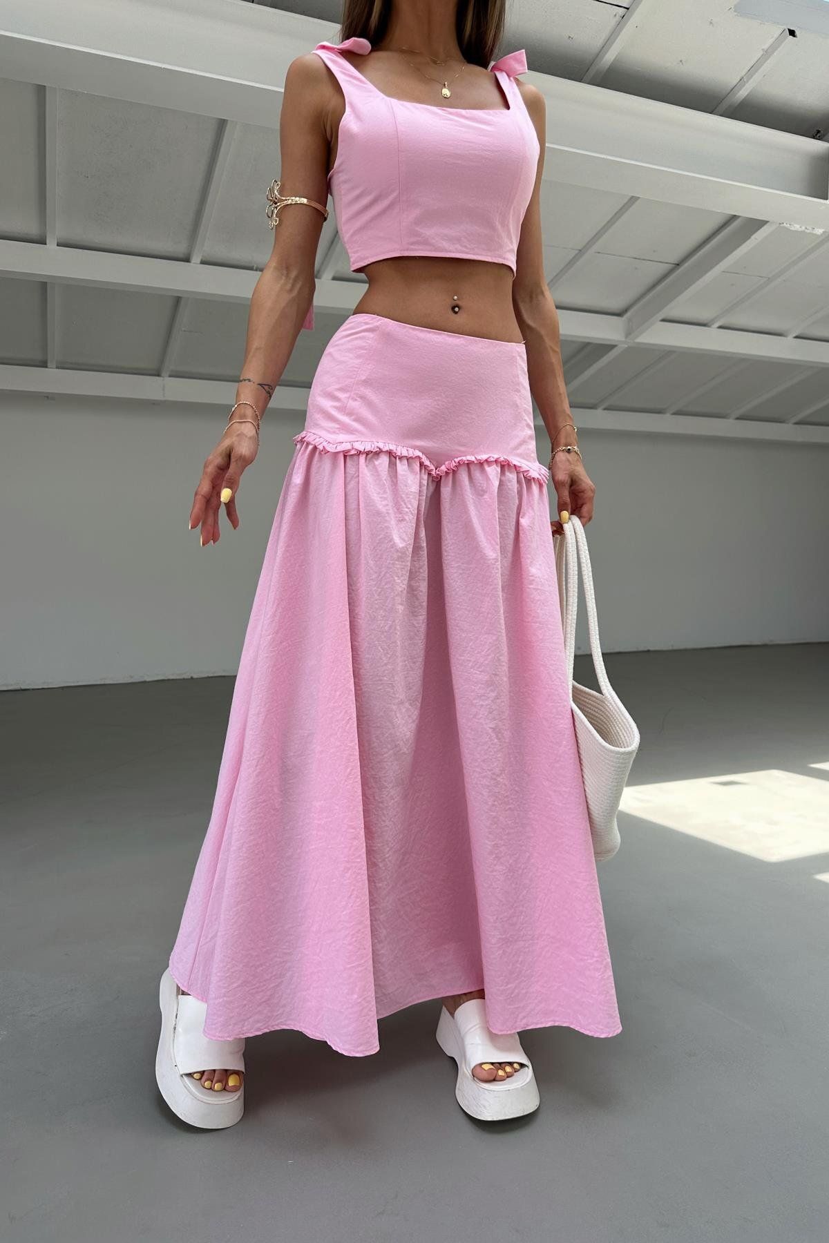 mylove Poplin Omuz Fiyonklu Takım Pembe