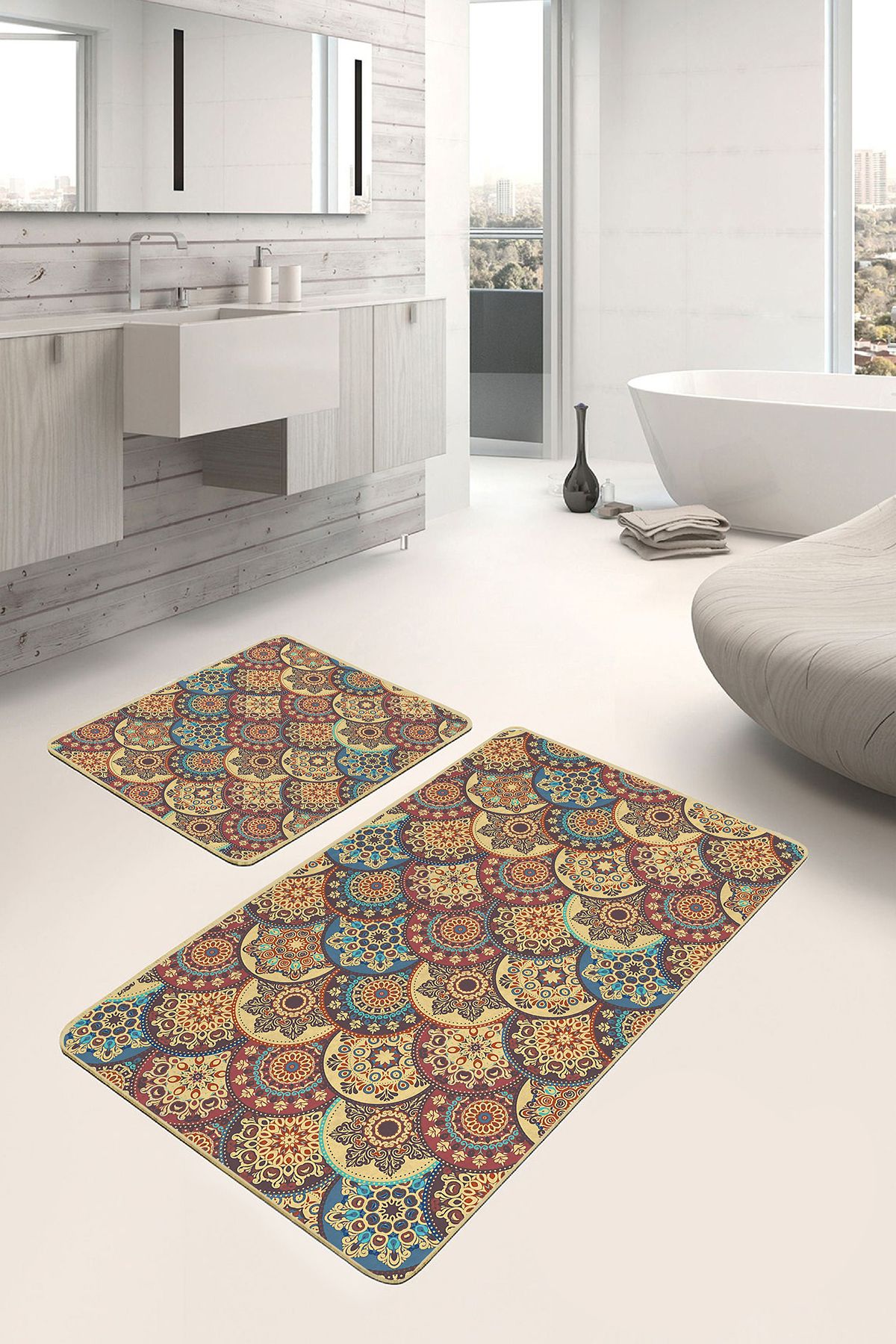Realhomes 2'li Hardal Zeminde Etnik Motifli Kilim Desenli Vintage Geometrik 2'li Banyo & Mutfak Paspas Takımı