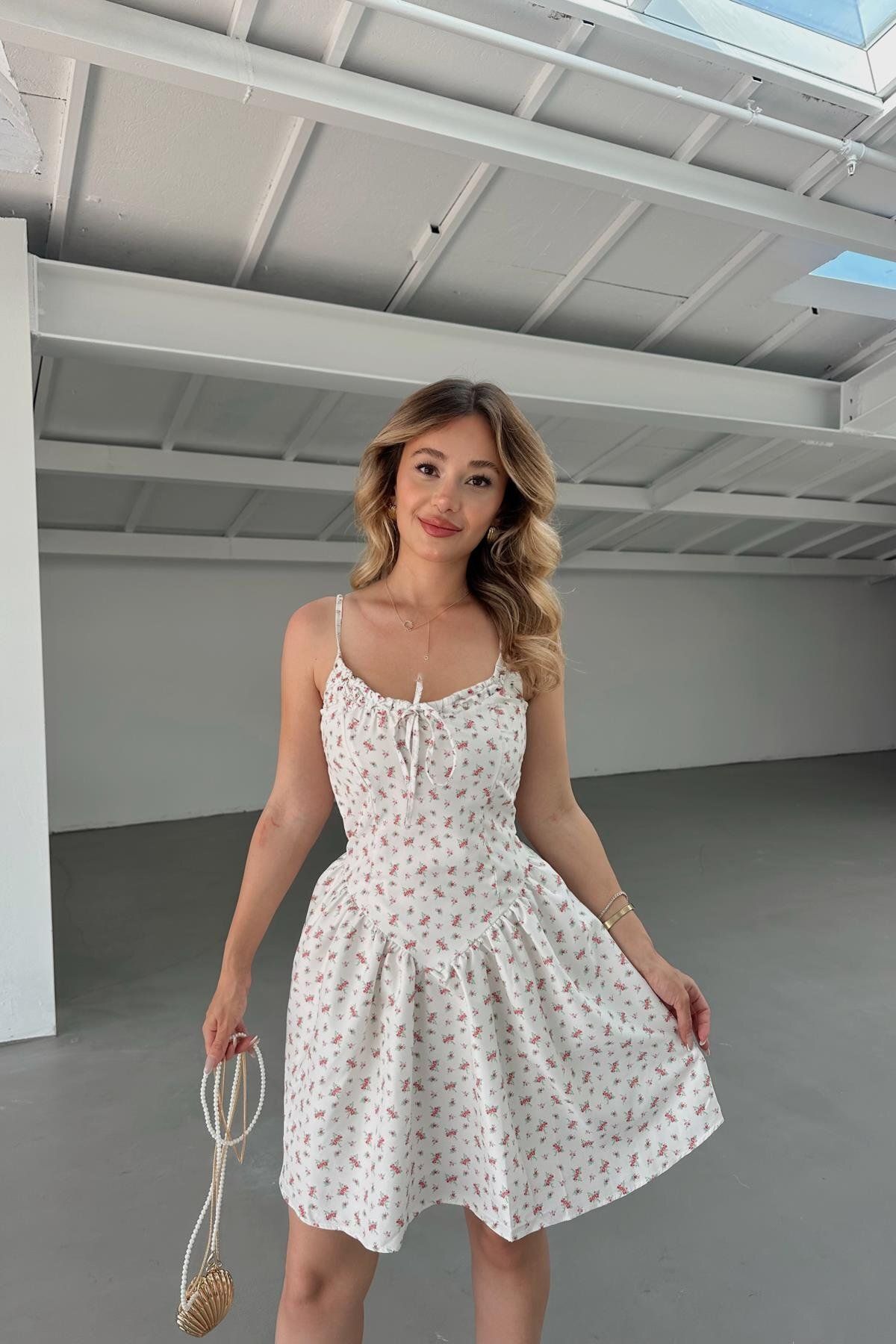 mylove Çiçek Desenli Mini Elbise Krem