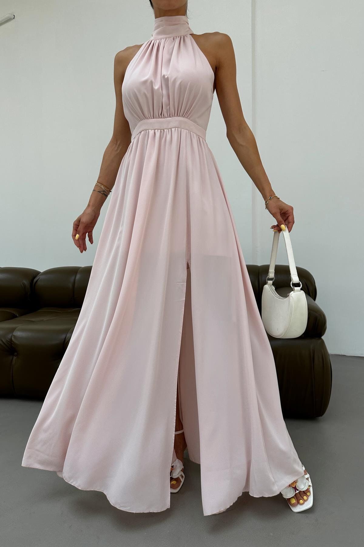 mylove Halter Yaka Yırtmaçlı Şifon Elbise Pudra