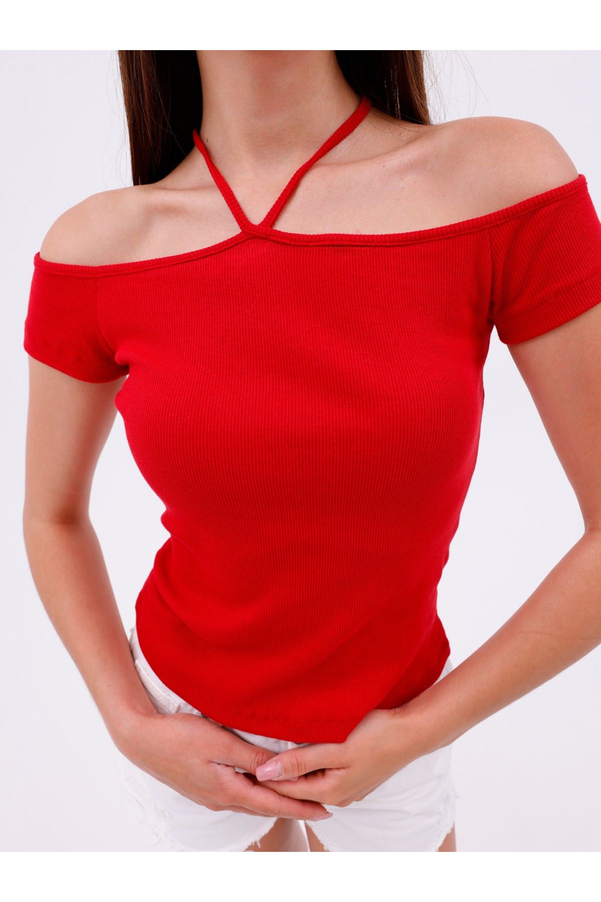 veira Kadın Omuz Açık Boyundan Geçmeli Kaşkorse Crop Bluz – Pamuklu Yazlık Model (4 Renk Seçeneği)