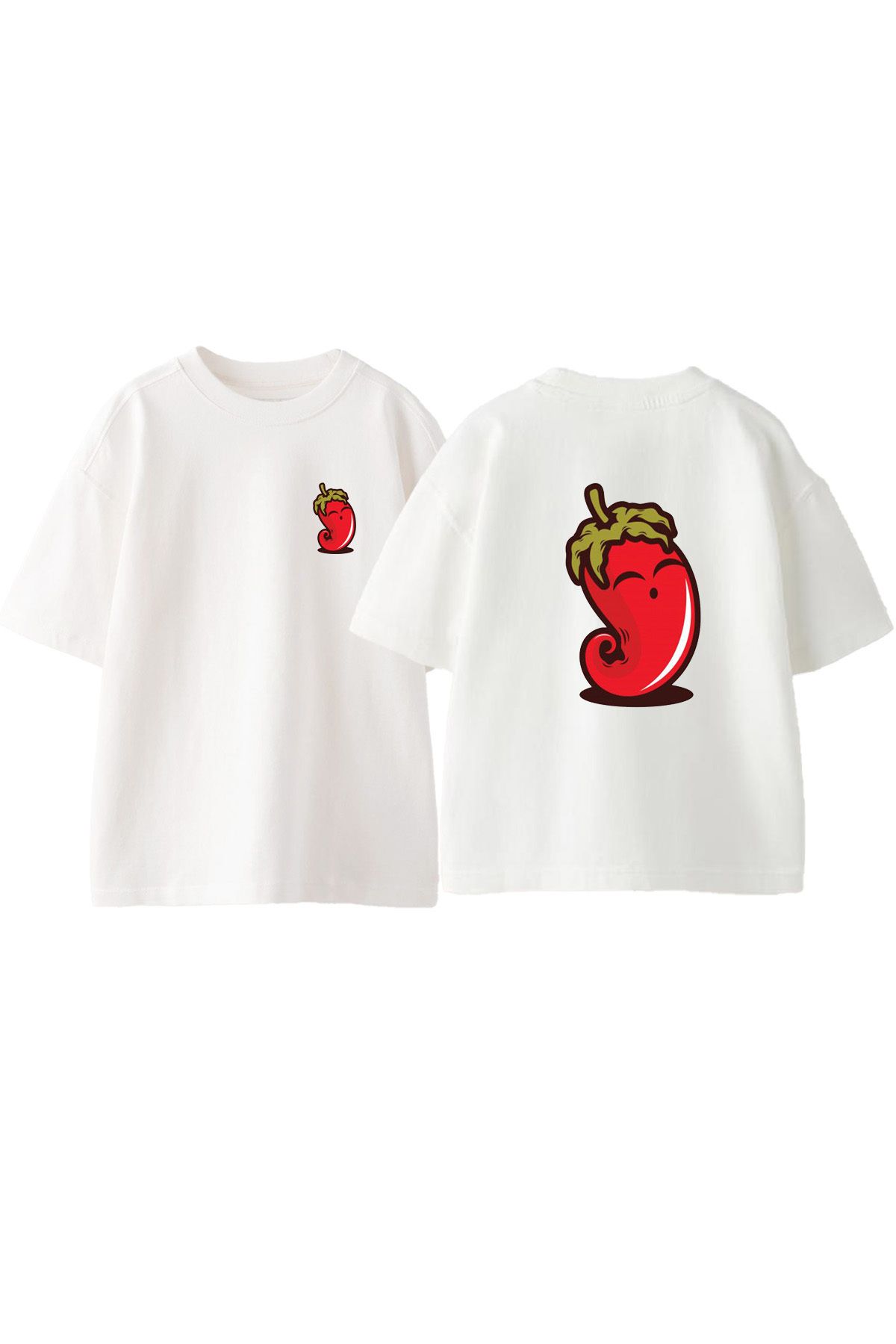 Anetos Mutlu Biber Ön Arka Baskılı Pamuk Beyaz Oversize T shirt