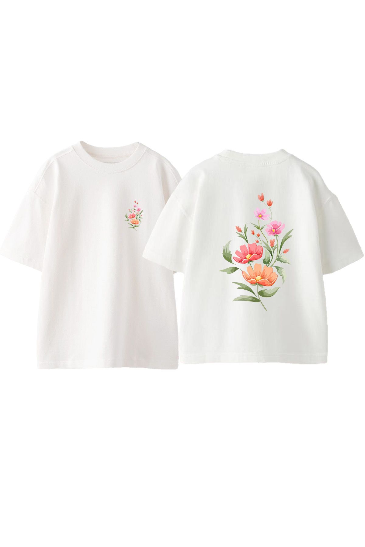 Anetos Cicekler Ön Arka Baskılı Pamuk Beyaz Oversize T shirt