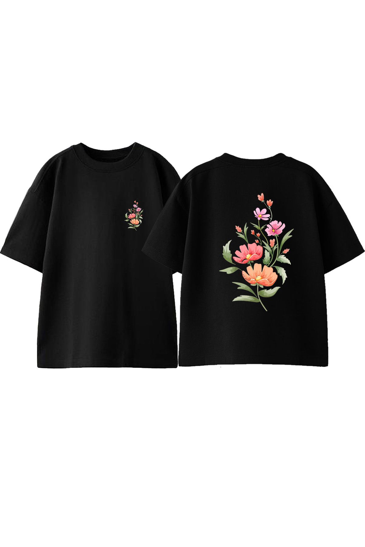 Anetos Cicekler Ön Arka Baskılı Pamuk Siyah Oversize T shirt