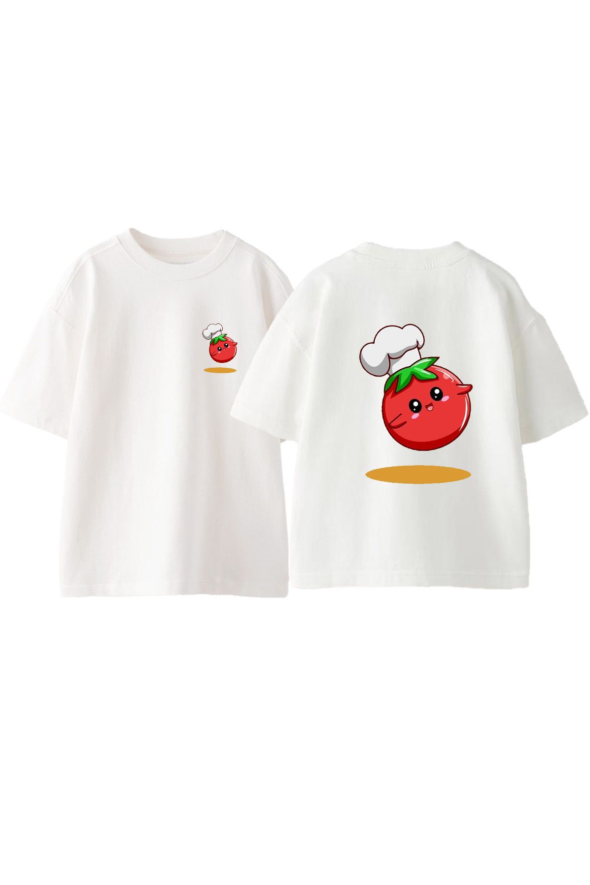 Anetos Tatlı Domates Ön Arka Baskılı Pamuk Beyaz Oversize T shirt