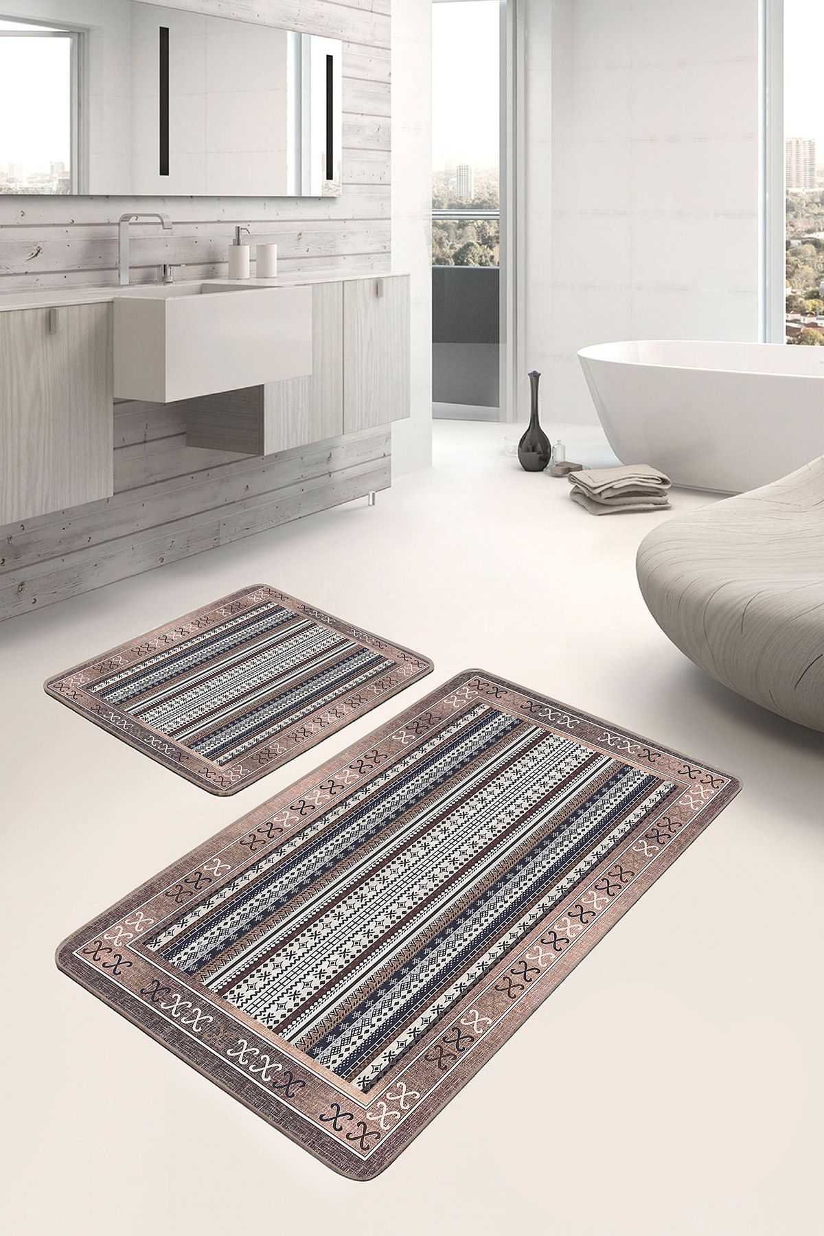 Realhomes 2'li Set Kahverengi Zeminde Kilim Motifli Yöresel Etnik Motifler Vintage 2'li Banyo Paspas Takımı