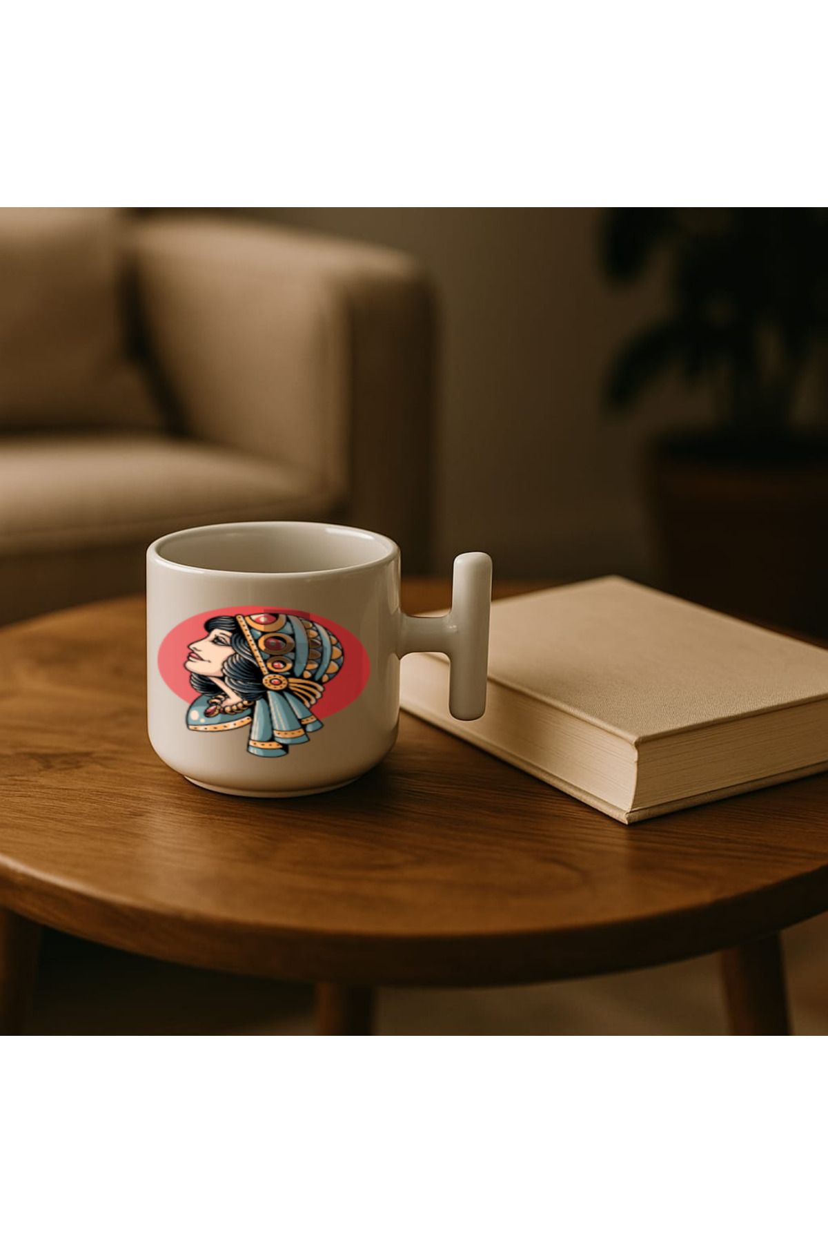 GTFzon Seramik Beyaz Kulplu Baskılı Latte Kupa