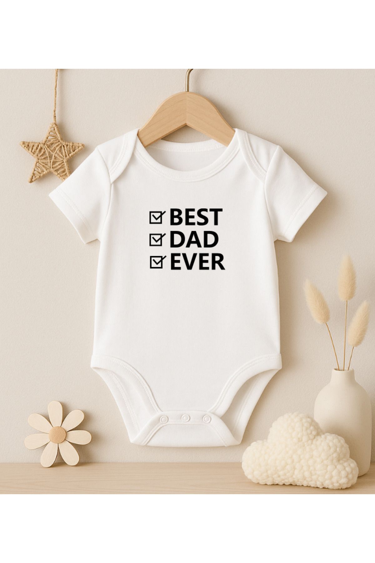 MODAT Best Dad Ever Kutucuklu Yazılı Baskılı Bebek badi zıbın