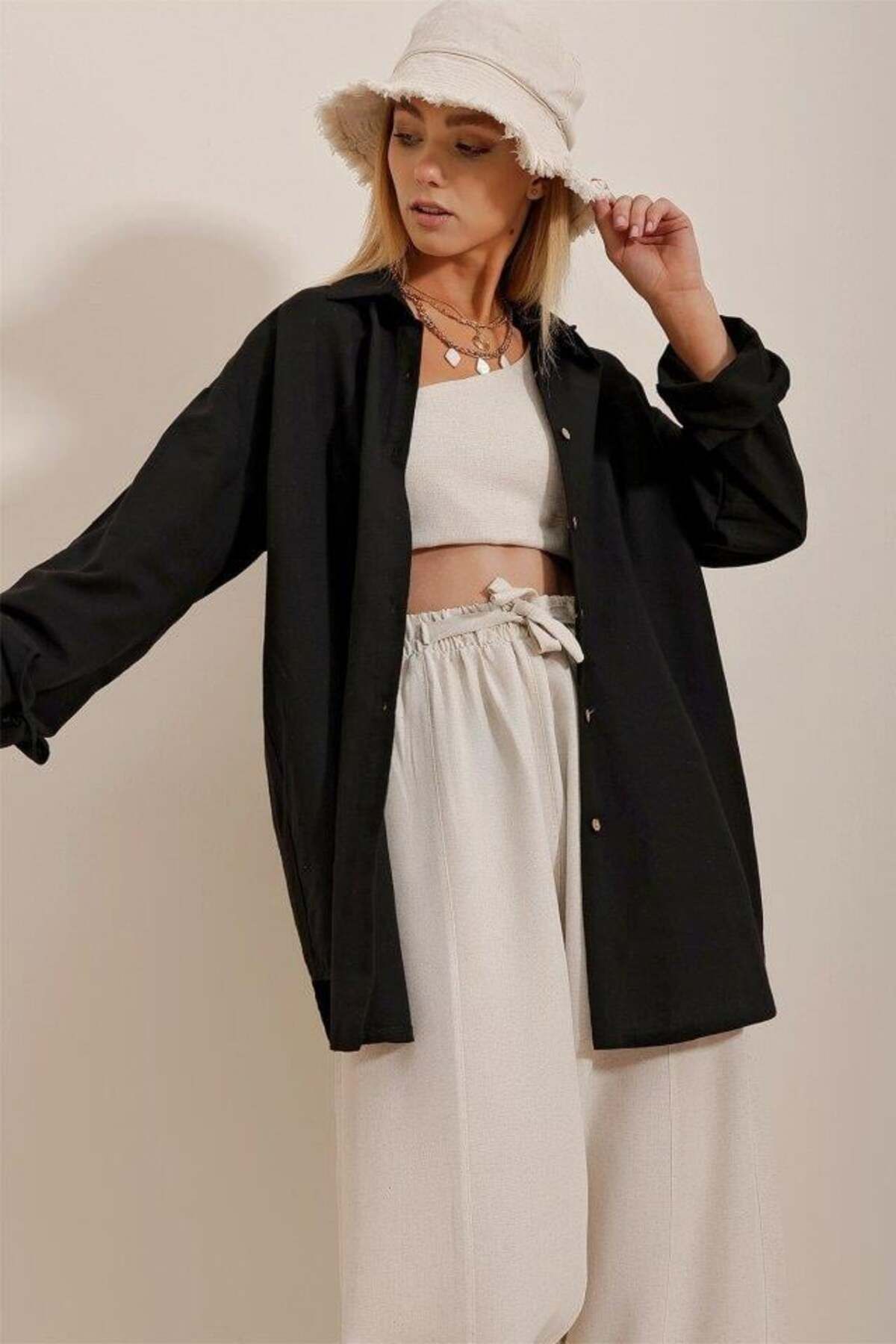 modamtn Kadın Keten Kumaş Oversize Gömlek