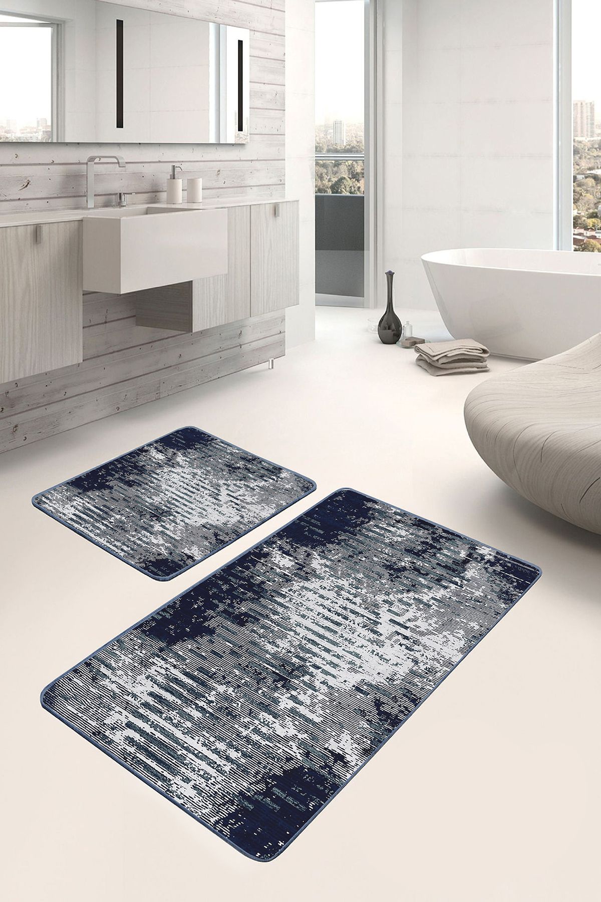 Realhomes 2'li Set Lacivert Zeminde Eskitme Motifli Retro Eskitme Motifli Klasik 2'li Banyo Paspas Takımı