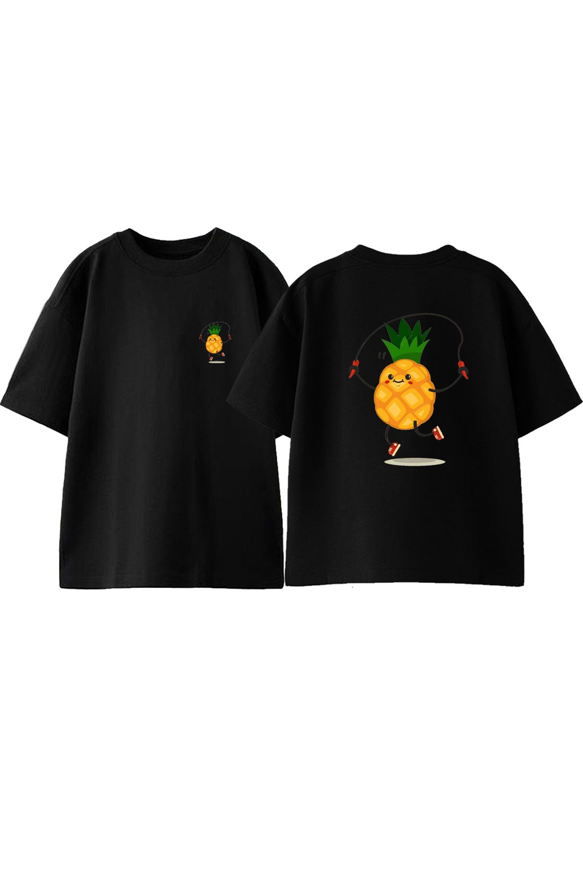 Anetos İp Atlayan Ananas Ön Arka Baskılı Pamuk Siyah Oversize T shirt