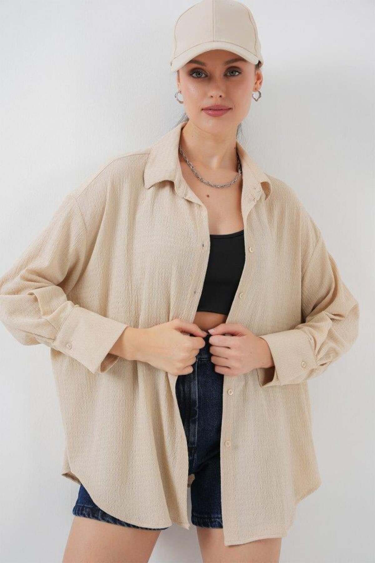 modamtn Örme Oversize Gömlek 20264 - Bej