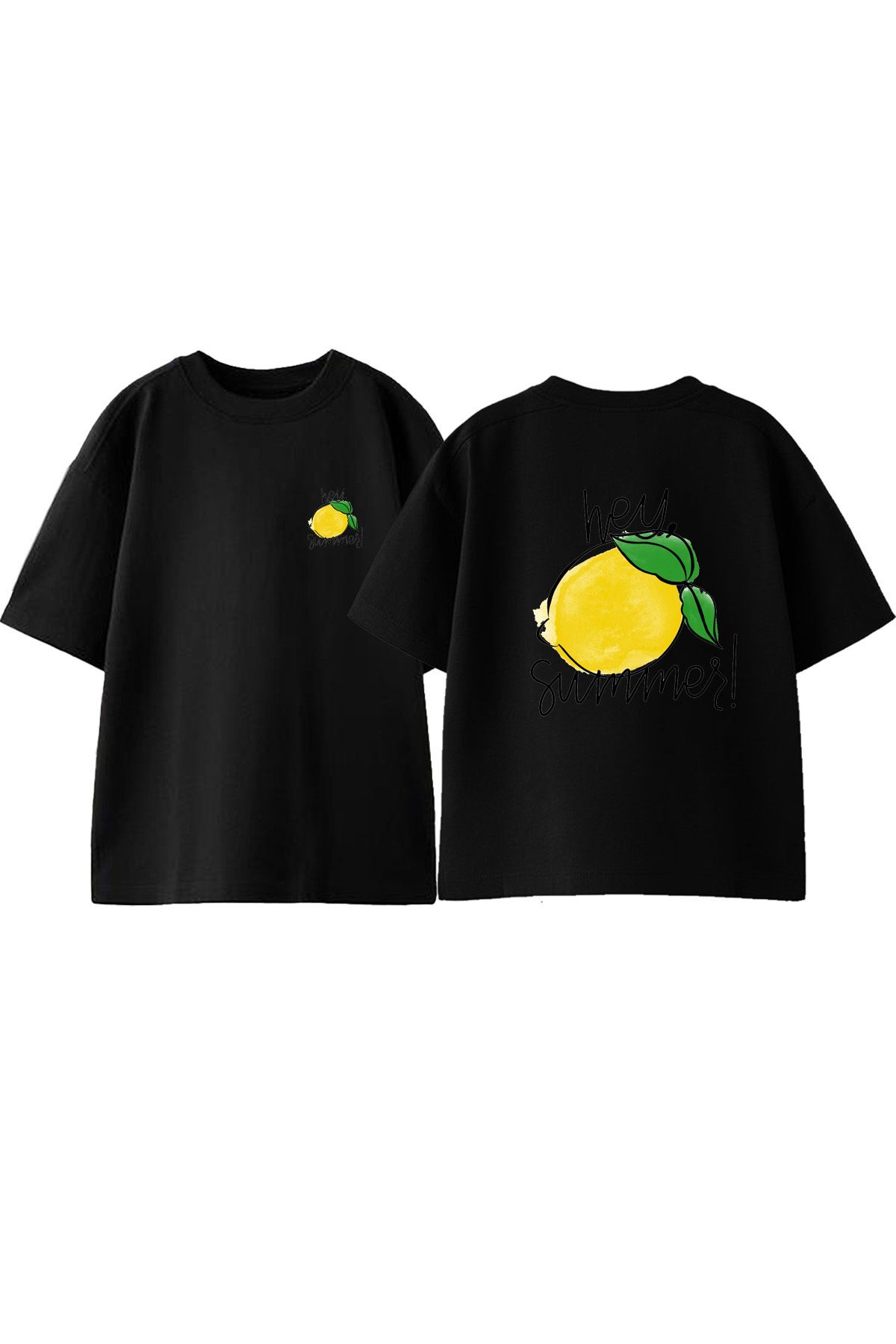 Anetos Hey Lemon Ön Arka Baskılı Pamuk Siyah Oversize T shirt