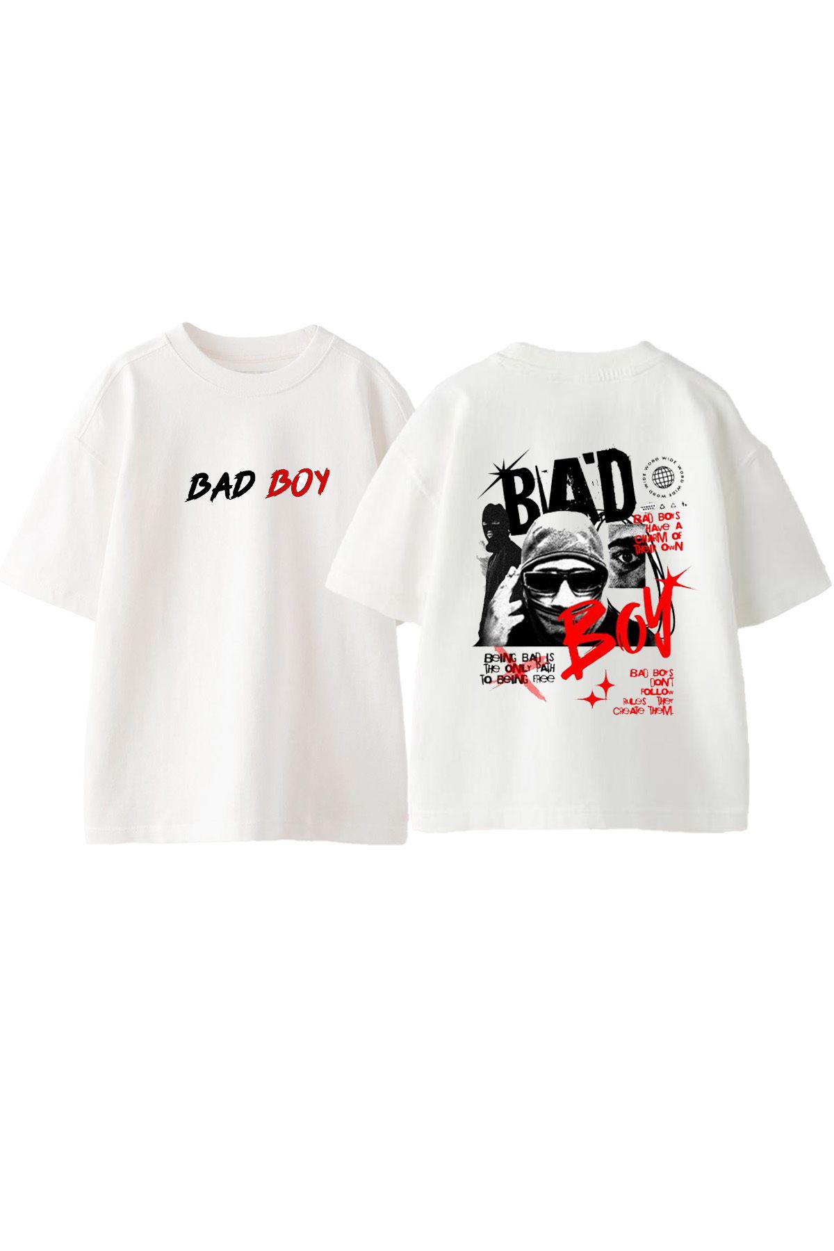 Anetos Bad Boy Ön Arka Baskılı Pamuk Beyaz Oversize T shirt