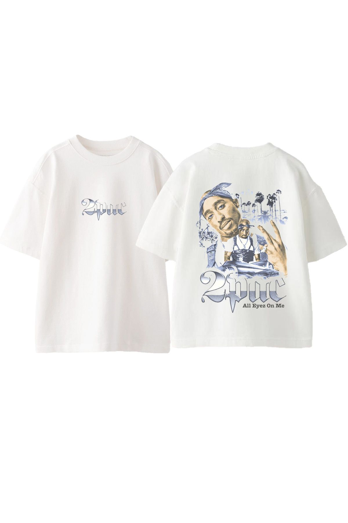 Anetos 2 Pac Ön Arka Baskılı Pamuk Beyaz Oversize T shirt