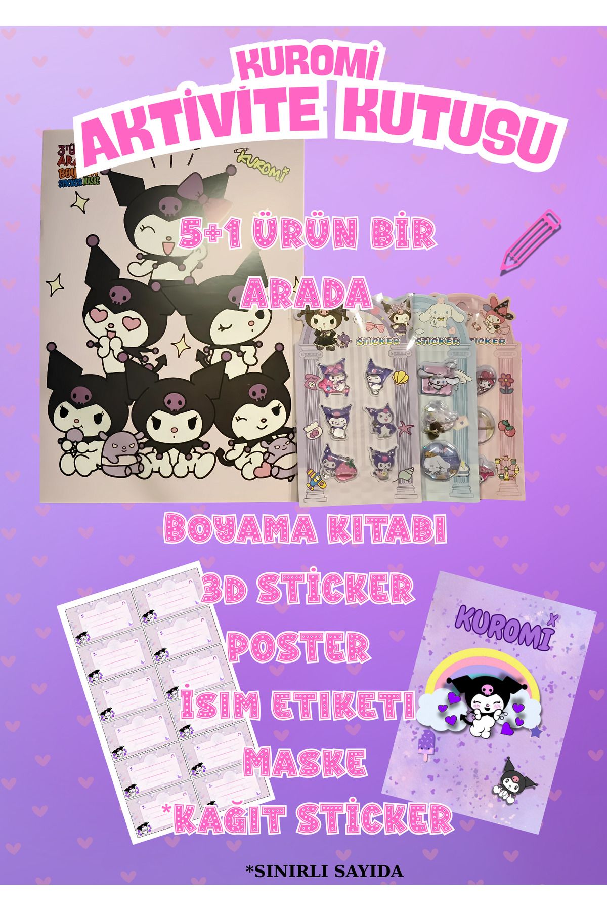 Beambeam Kuromi Aktivite Kutusu – Boyama Kitabı + Maske + 3D Sticker + HEDİYE Poster & Kişiye Özel Etiket