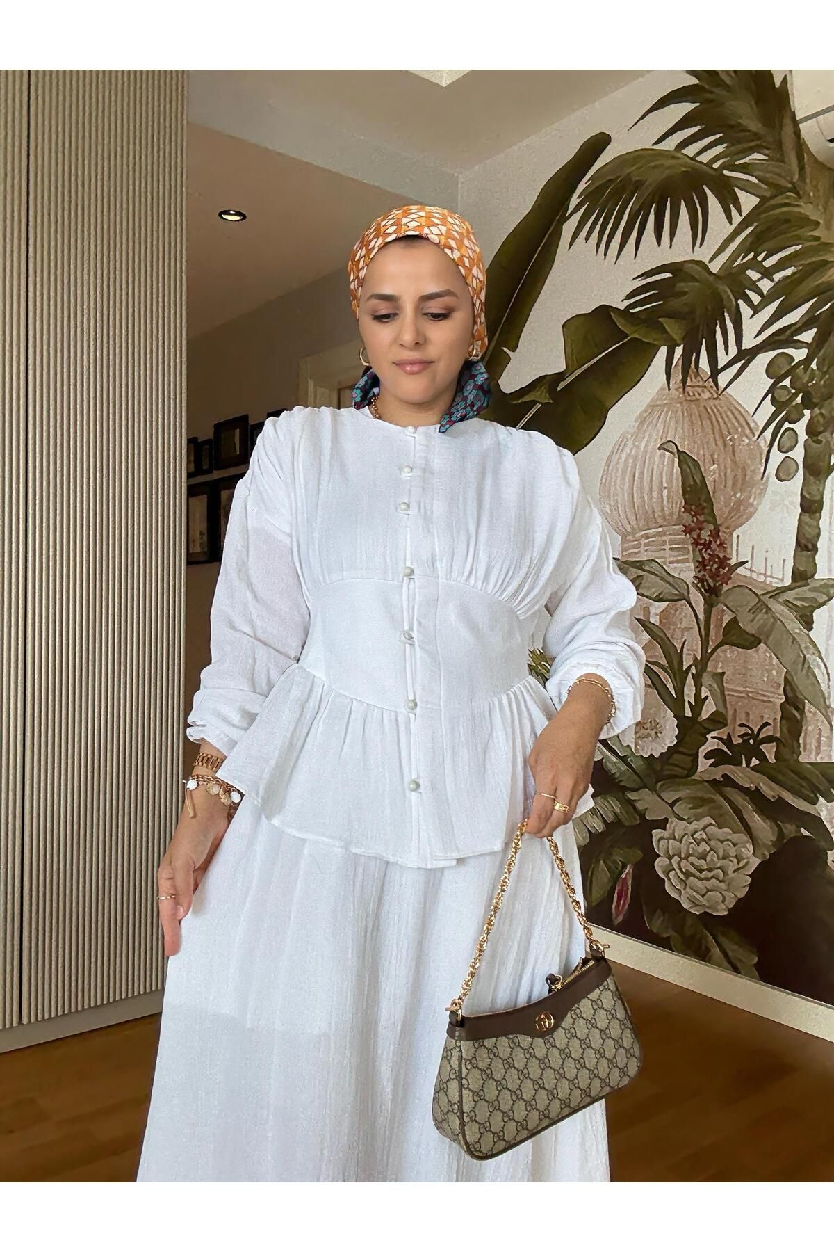 Aselim Hijap Moda 4 Katlı Müslin Etekli Takım | Kuşaklı Yazlık Pamuk Takım | 36-42 Beden Beyaz