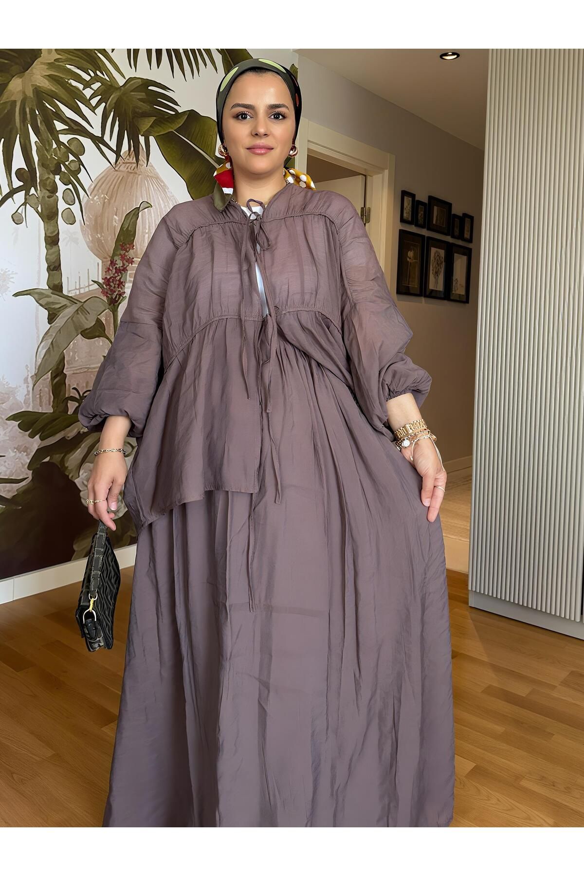 Aselim Hijap Moda Pamuk Vual Kimono Etekli Takım | Astarlı | 36-44 Beden Kahve