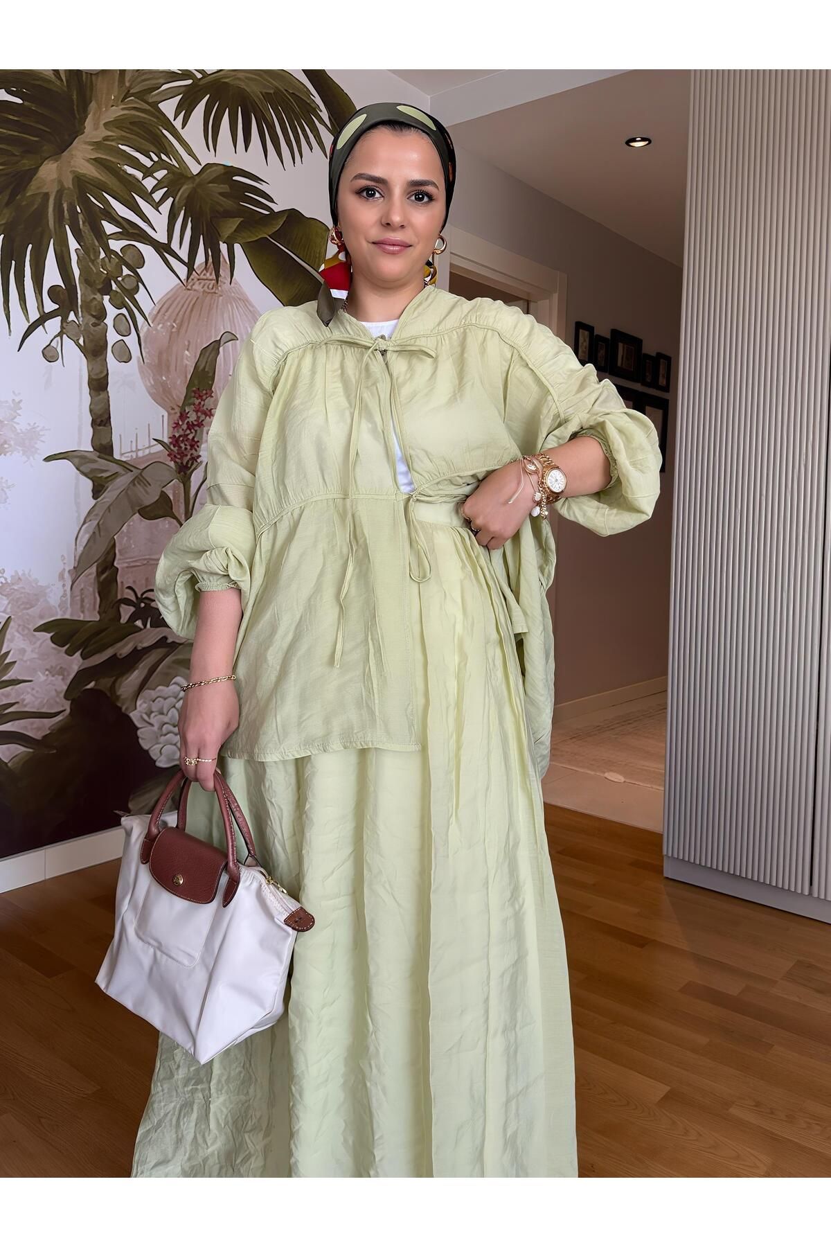 Aselim Hijap Moda Pamuk Vual Kimono Etekli Takım | Astarlı | 36-44 Beden Yeşil
