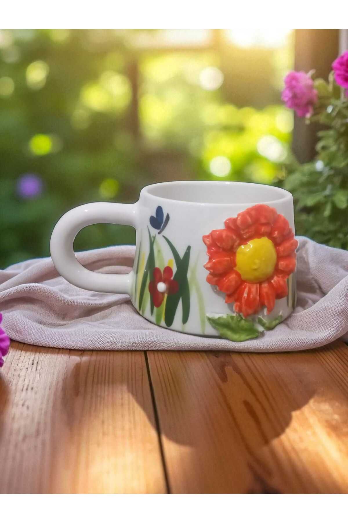 Home Seramik El İşçiliği 3 Boyutlu Kabartma Ayçiçeği Desenli Kupa