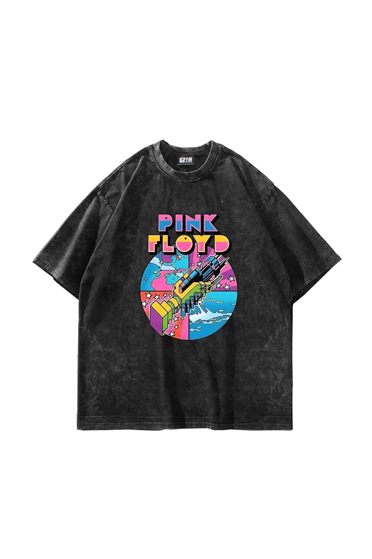 Bak Moda P Floyd. Baskılı Oversize Unisex Yıkamalı Siyah Tshirt