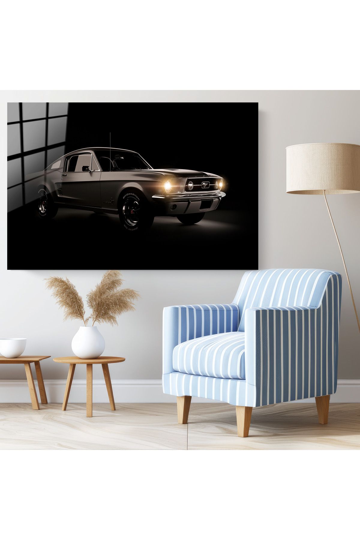 Cam Tablo Klasik Mustang Araba Temalı Cam Tablo - Siyah Arka Planlı Modern Dekor - Temperli Cam
