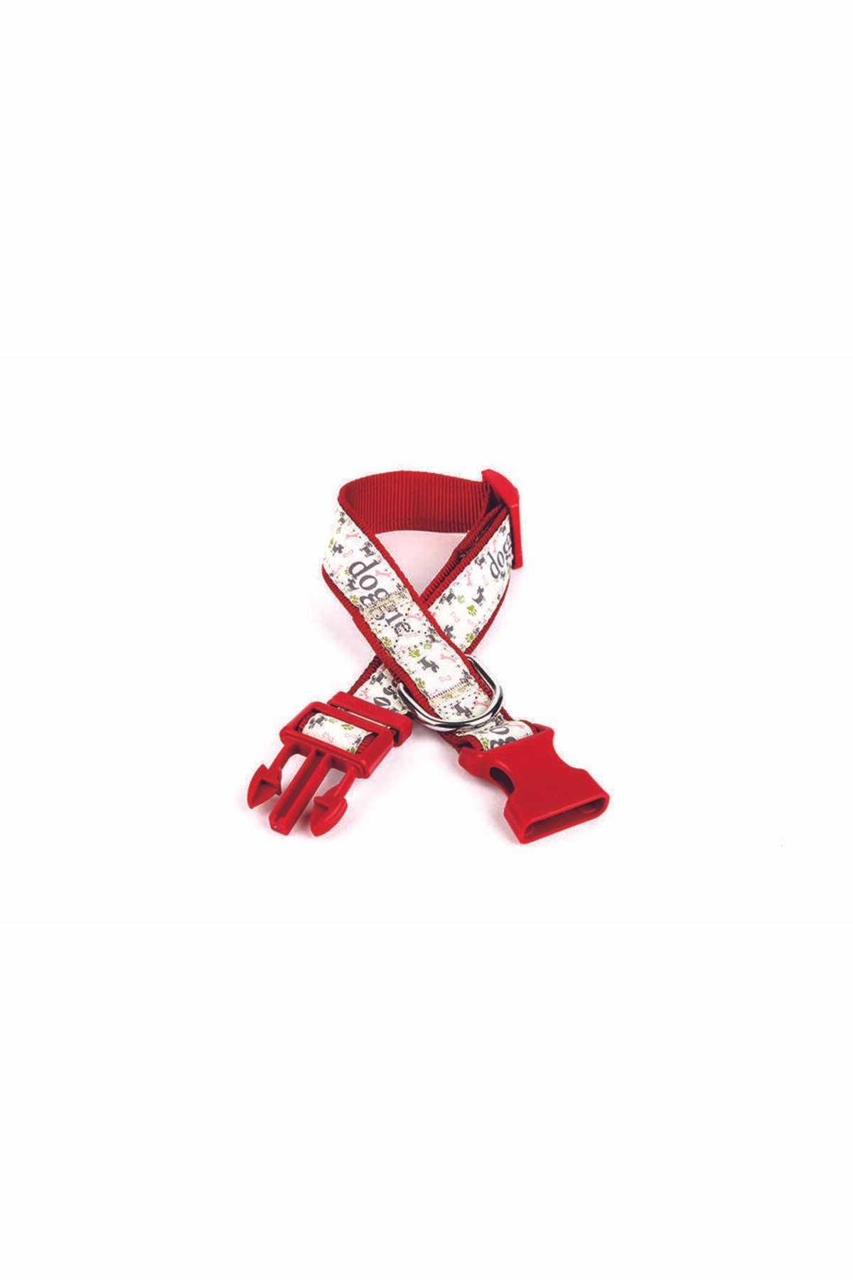 Zayla Köpek ve Pati Desenli Dokuma Köpek Boyun Tasması 3 cm x 36-60 cm Kırmızı