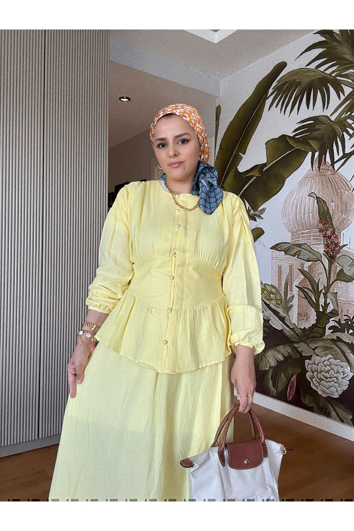 Aselim Hijap Moda 4 Katlı Müslin Etekli Takım | Kuşaklı Yazlık Pamuk Takım | 36-42 Beden Sarı