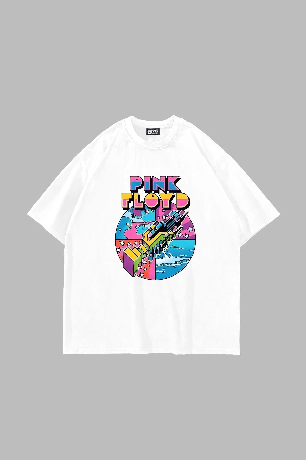 Bak Moda P. Floyd Baskılı Oversize Unisex Beyaz Tshirt