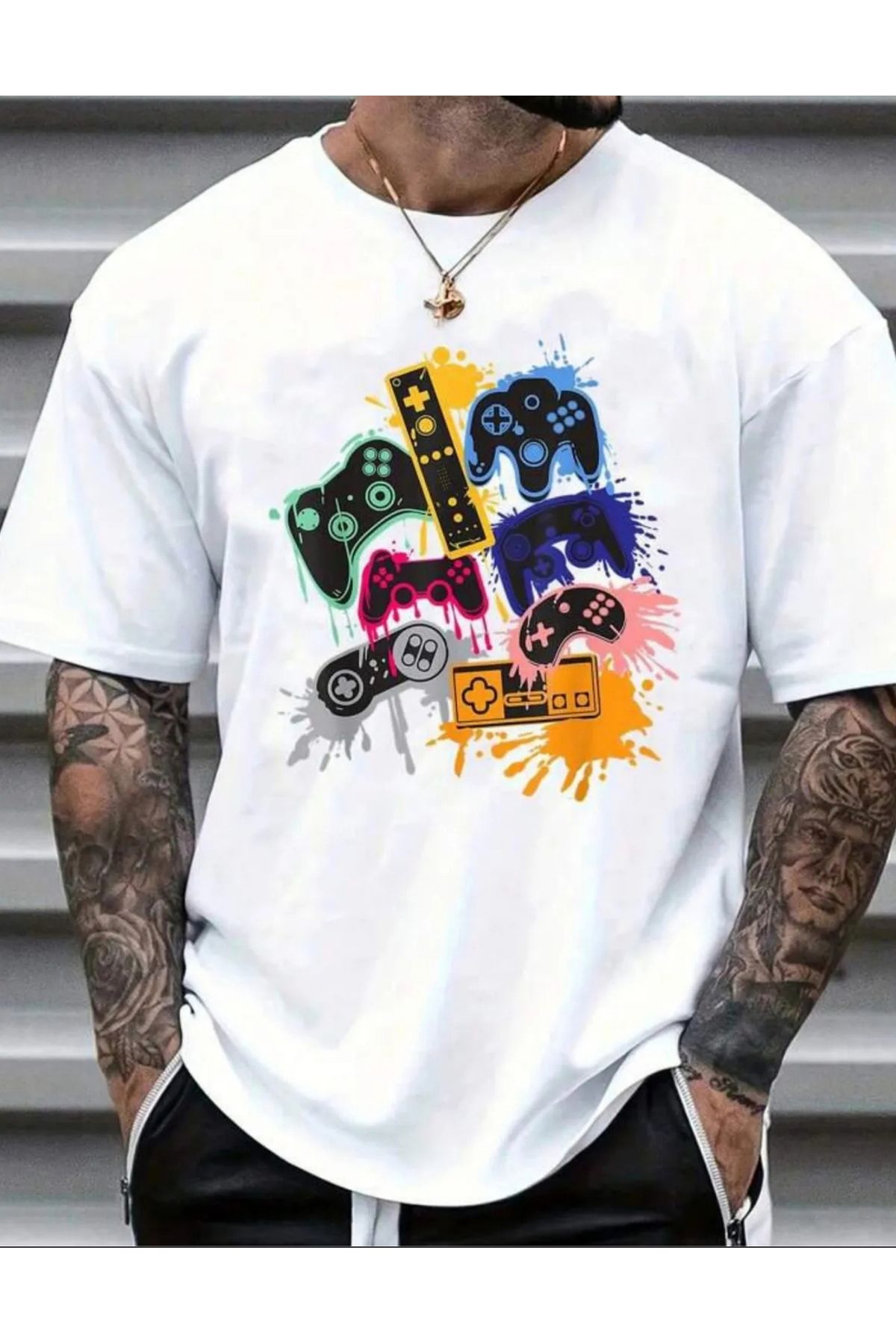 NEMESA Unısex Kadın/Erkek Baskılı Oversize Düşük Kol Bisiklet Yaka T-Shirt