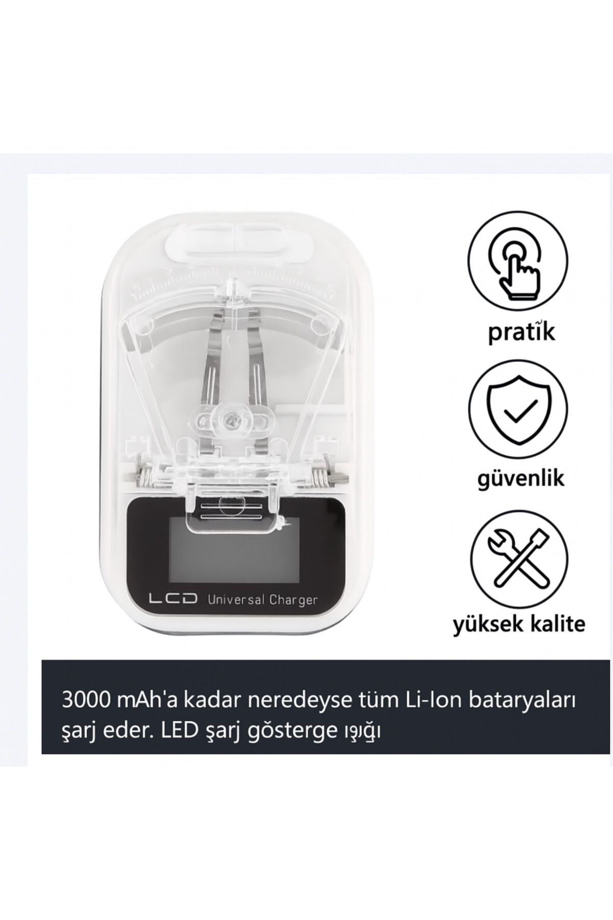 electroawm LED Ekranlı Evrensel Li-Ion Batarya Şarj Cihazı + USB Girişli