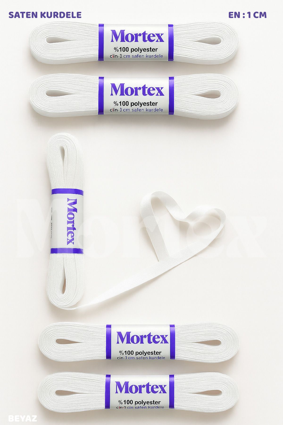 Mortex Beyaz Saten Kurdele 1cm 10mt - Bohça, Nikah, Nişan, Çeyiz, Hediye, Süsleme İçin Kurdele