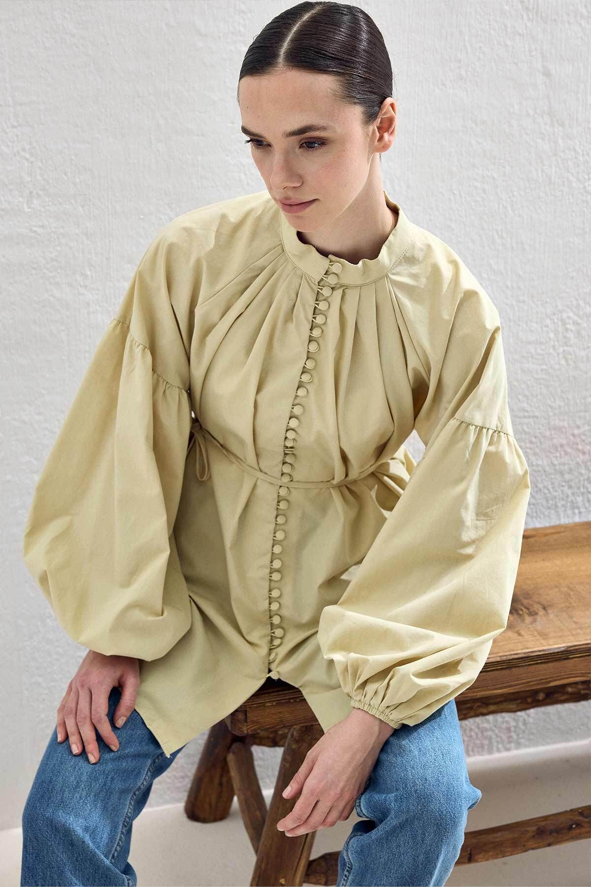 Hooopstore Birit Detaylı Soft Sarı Gömlek