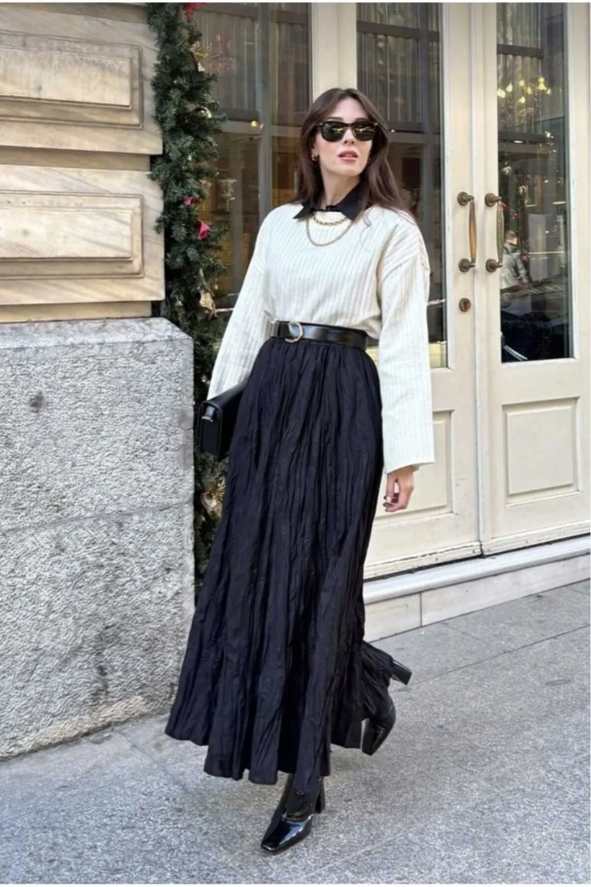 verabelle Pileli Kırışık Kumaşlı Maxi Etek 36 İle 46 Arası Standart Beden