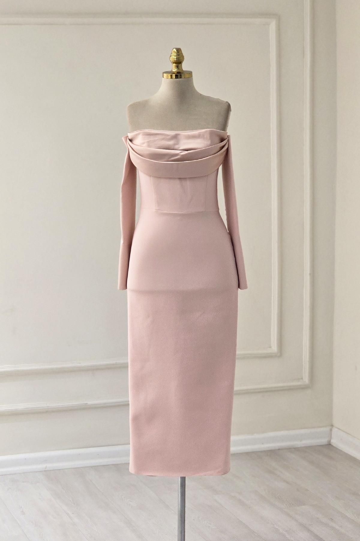 Yonca Moda Evi Pudra Alya Krep Kısa Elbise 1005