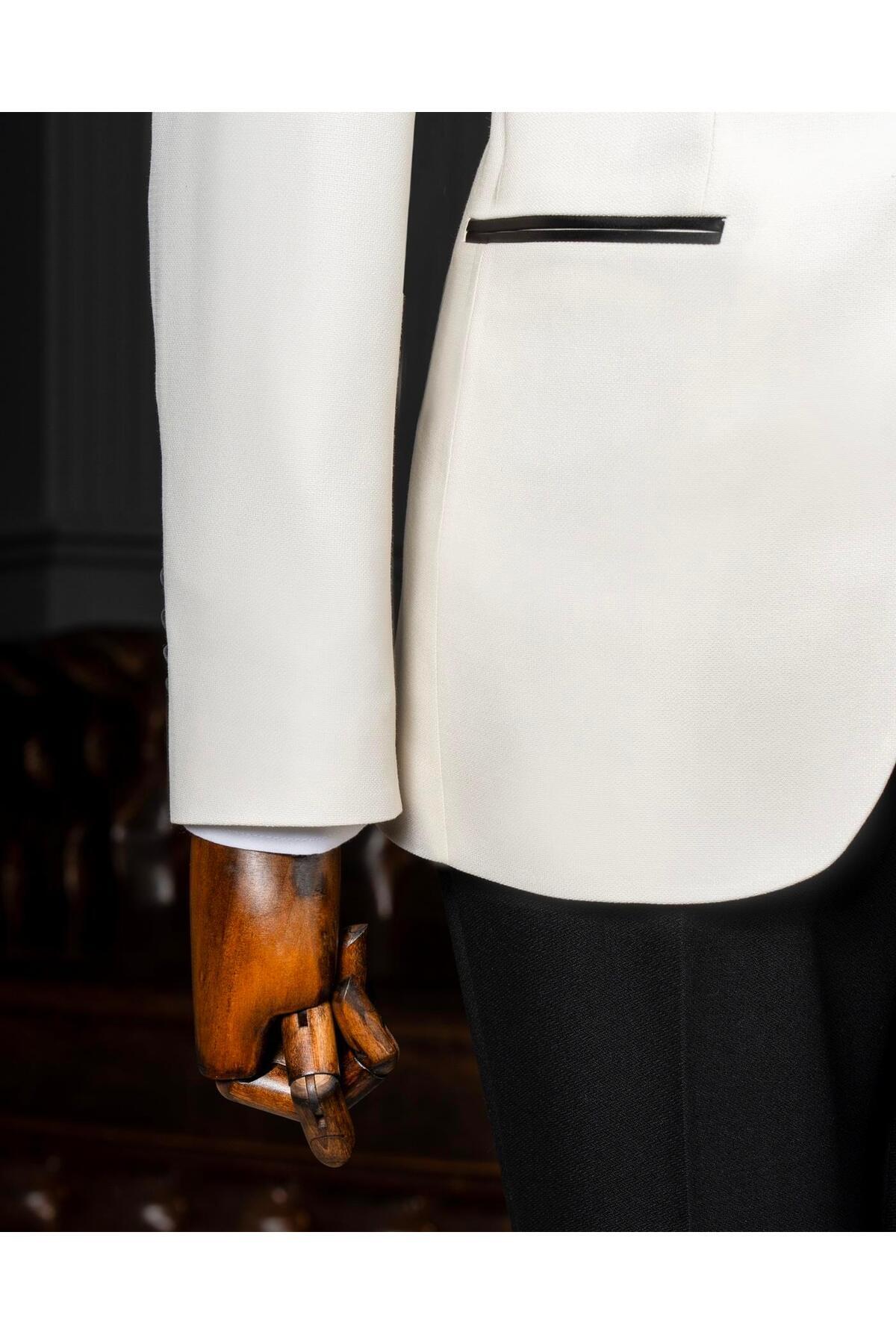 TerziAdemAltun-Italian Style Shawl Collar Jacket Vest Pants Groom Suit Set Ecru T14267 4