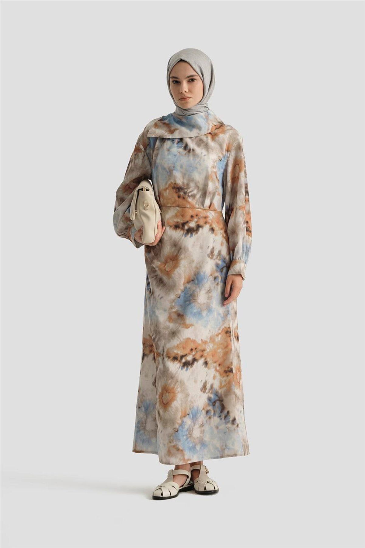 Armine Desenli Elbise 25YD4017 Mavi