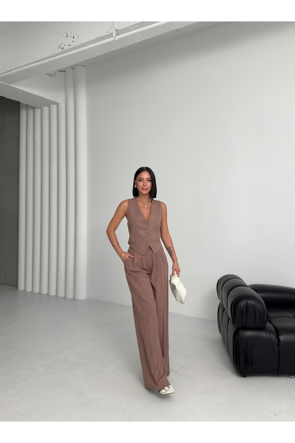 OUZ Fashion Kadın Keten Sırtı Çapraz Geçişli Cepken Pantolon İkili Takım