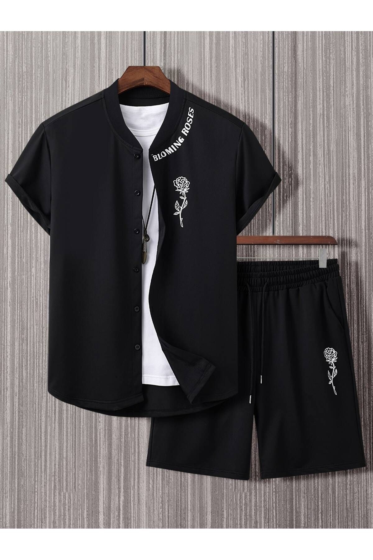 aynewmoda Erkekler için 2 parçalı dış mekan takımı, çiçek ve harf desenli gömlek ve şort, tişört yok,